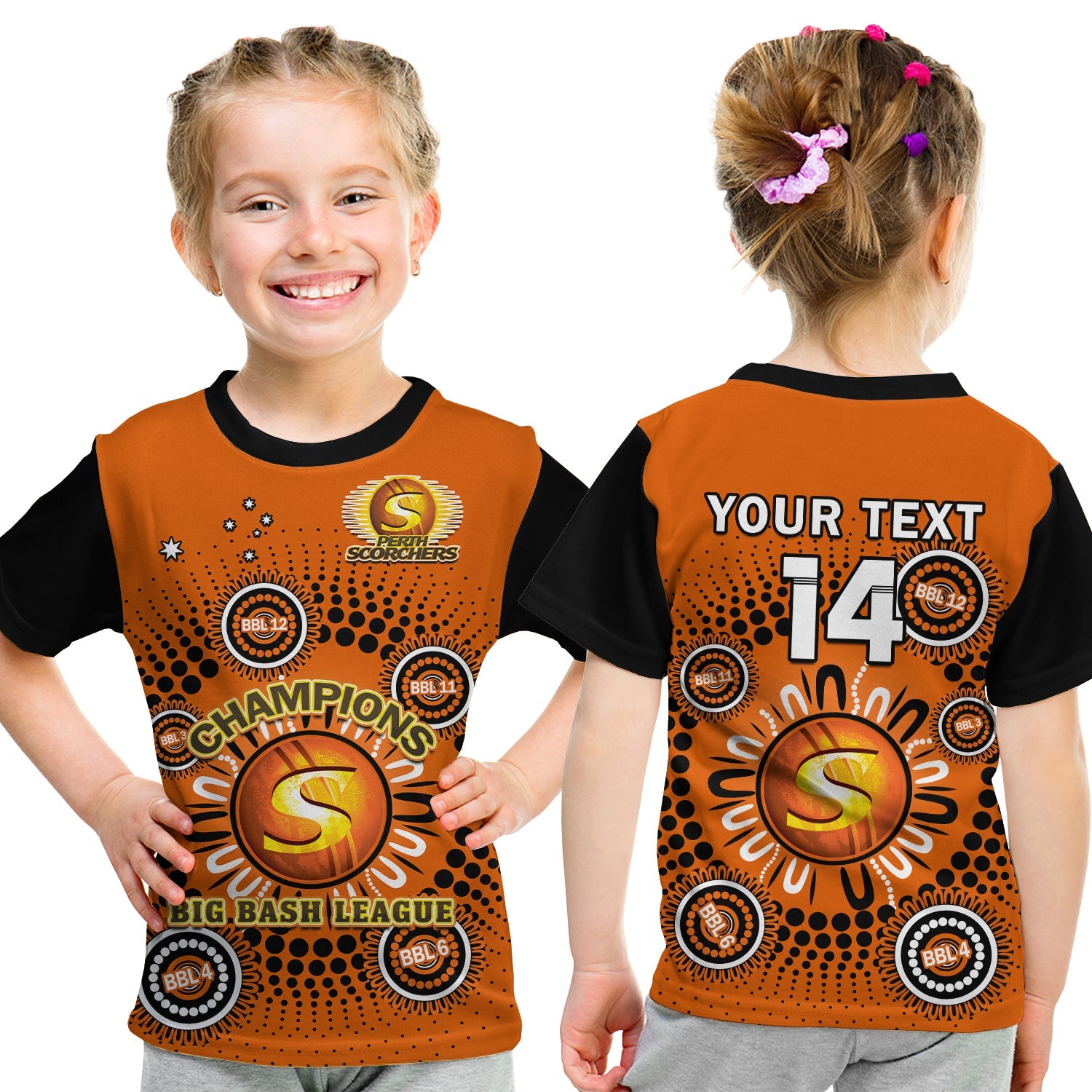 (Custom Text And Number) Perth Scorchers Cricket T Shirt KID Indigenous 5th Champions BBL Proud - Vibe Hoodie Shop