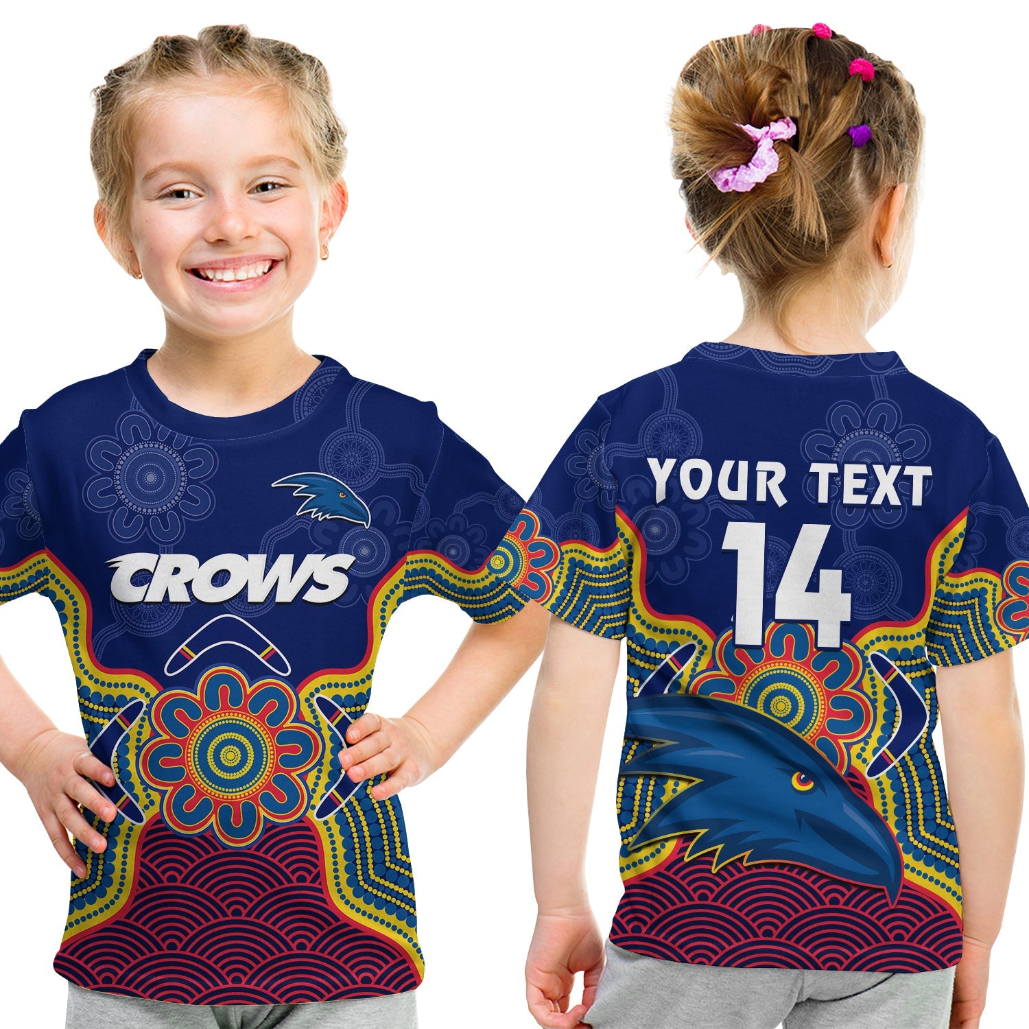 (Custom Text And Number) Adelaide Football T Shirt KID Crows Aboriginal Art - Vibe Hoodie Shop