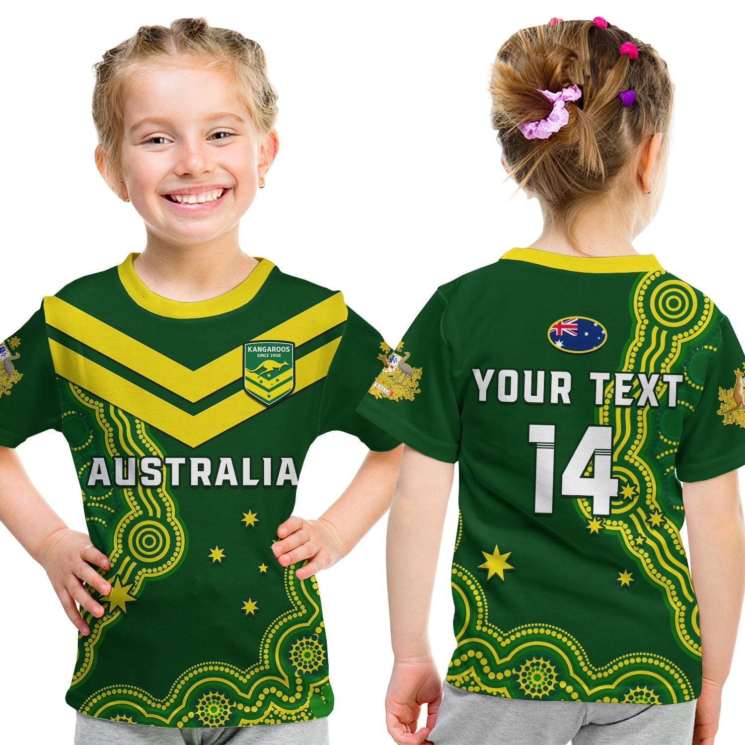 (Custom Text And Number) Australia Rugby T Shirt KID The Kangaroos Champions Pacific Indigenous - Vibe Hoodie Shop