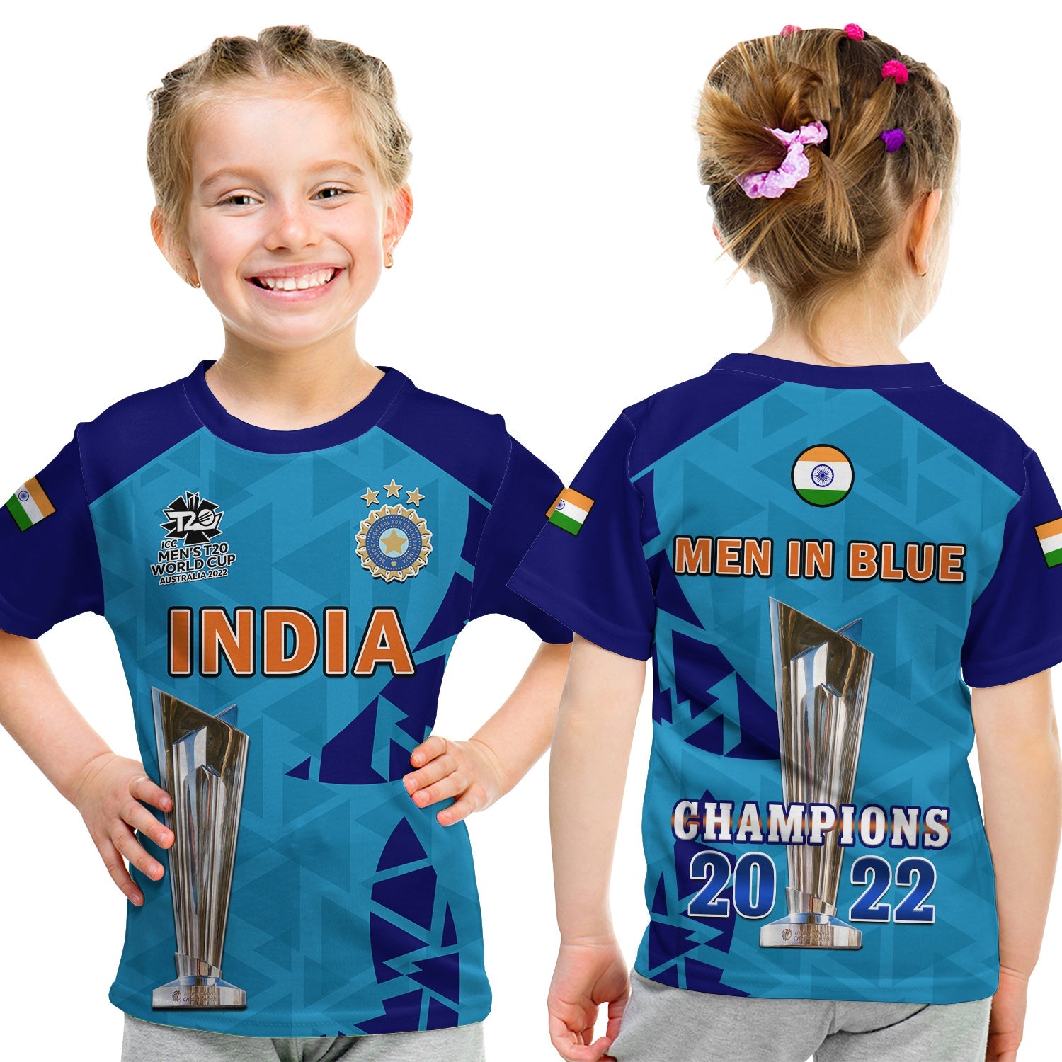 (Custom Text And Number) India Cricket T Shirt KID Men In Blue Champions Mens T20 WC 2022 - Vibe Hoodie Shop