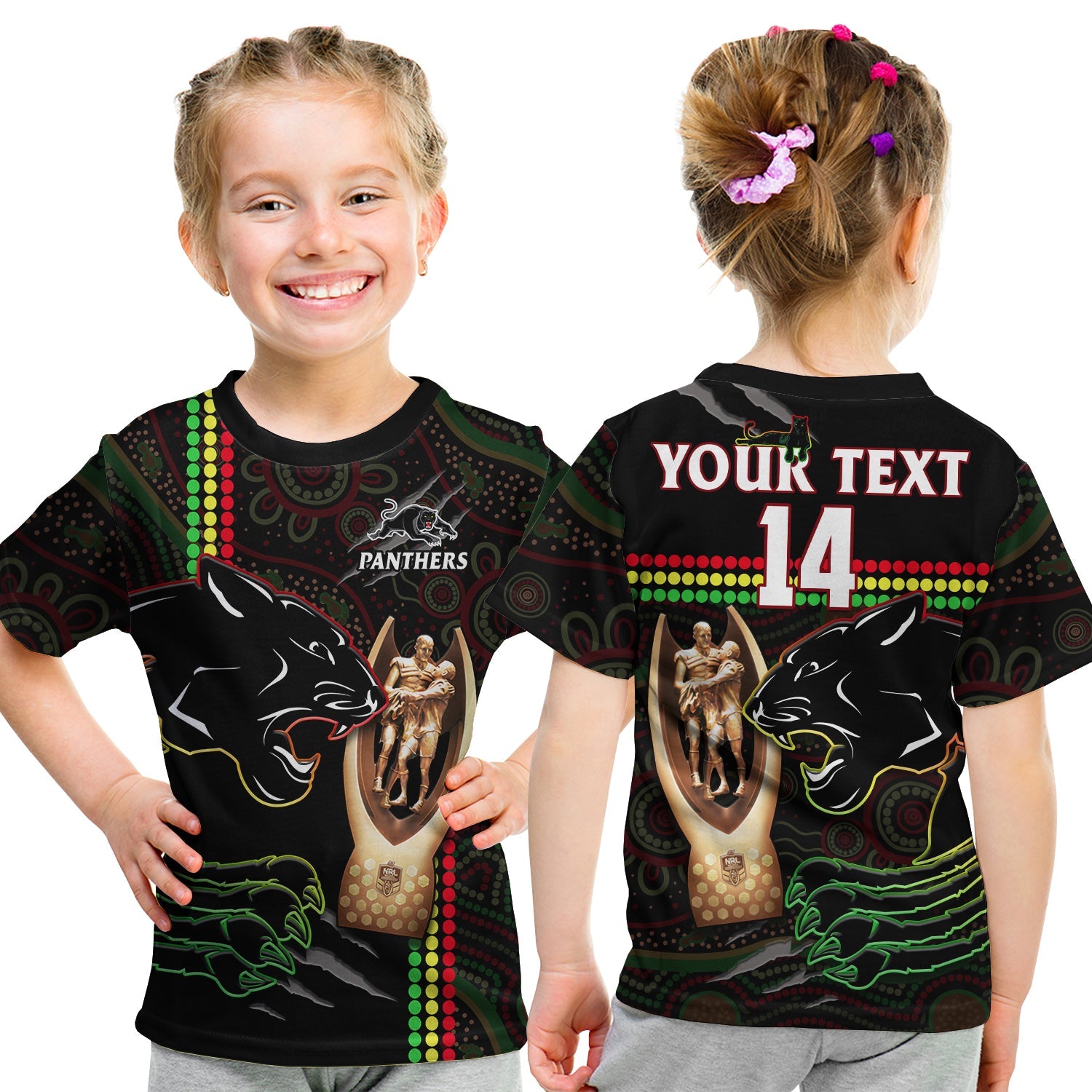 (Custom Text And Number) Panthers Rugby T Shirt KID The Riff 2022 Premiers Aboriginal Art - Vibe Hoodie Shop