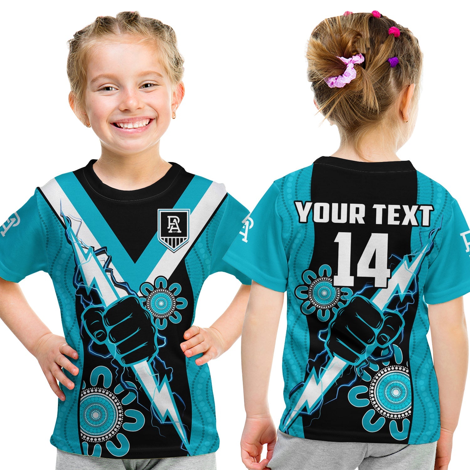 (Custom Text And Number) Port Adelaide Football T Shirt KID Power Thunder Hand Mix Aboriginal Dynamic - Vibe Hoodie Shop