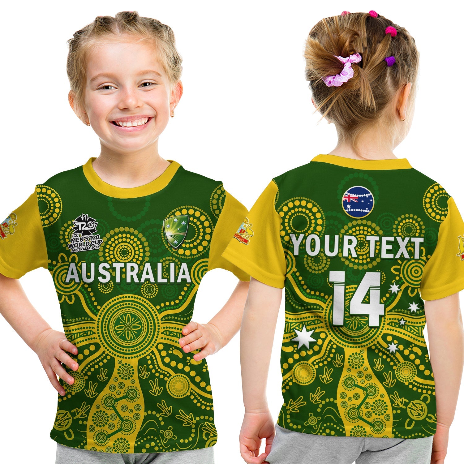 (Custom Text And Number) Australia Cricket T Shirt KID Aussie 2022 Mens T20 World Cup Ver.02 - Vibe Hoodie Shop