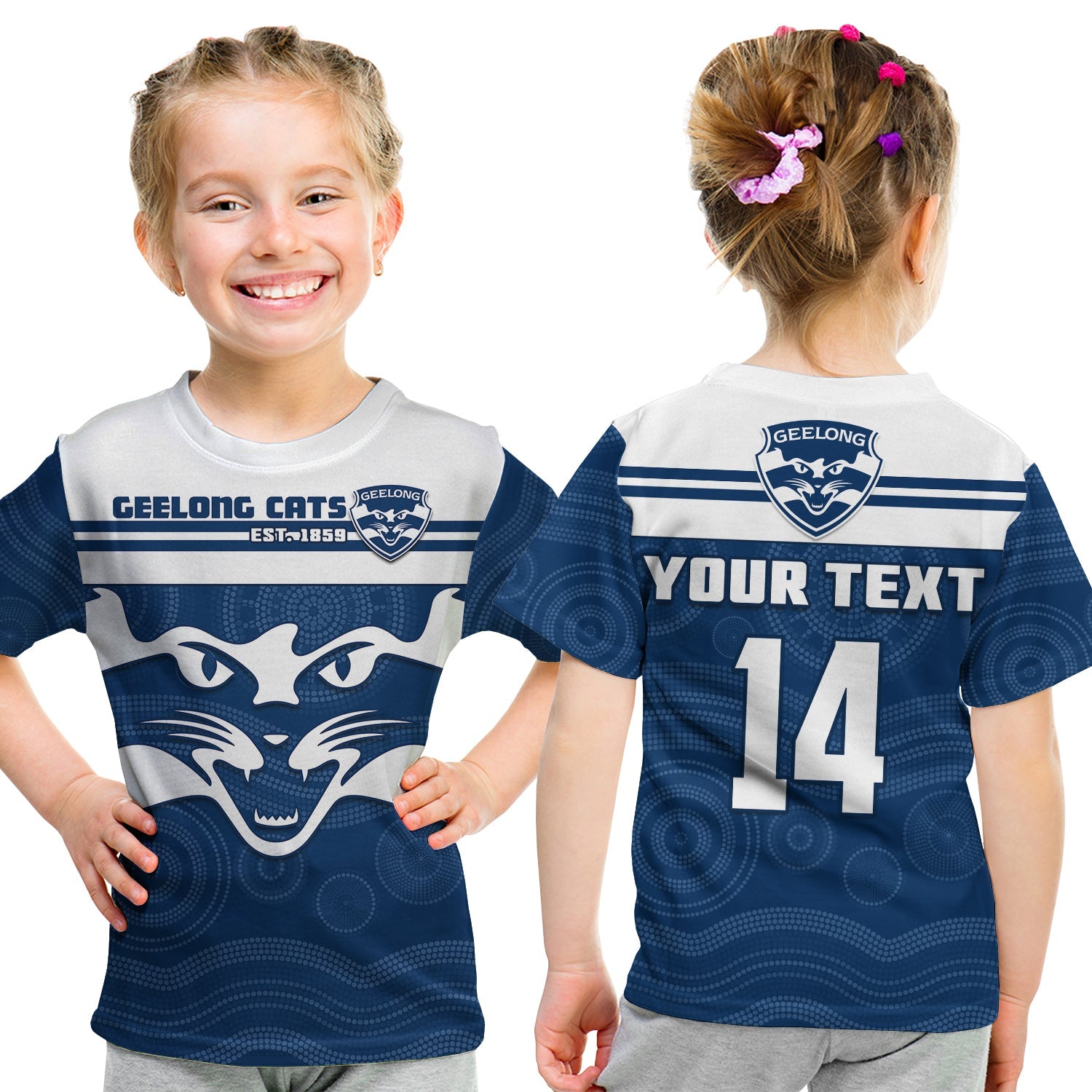 (Custom Text And Number) Cats Football T Shirt KID Geelong Est 1859 Aboriginal Art - Vibe Hoodie Shop