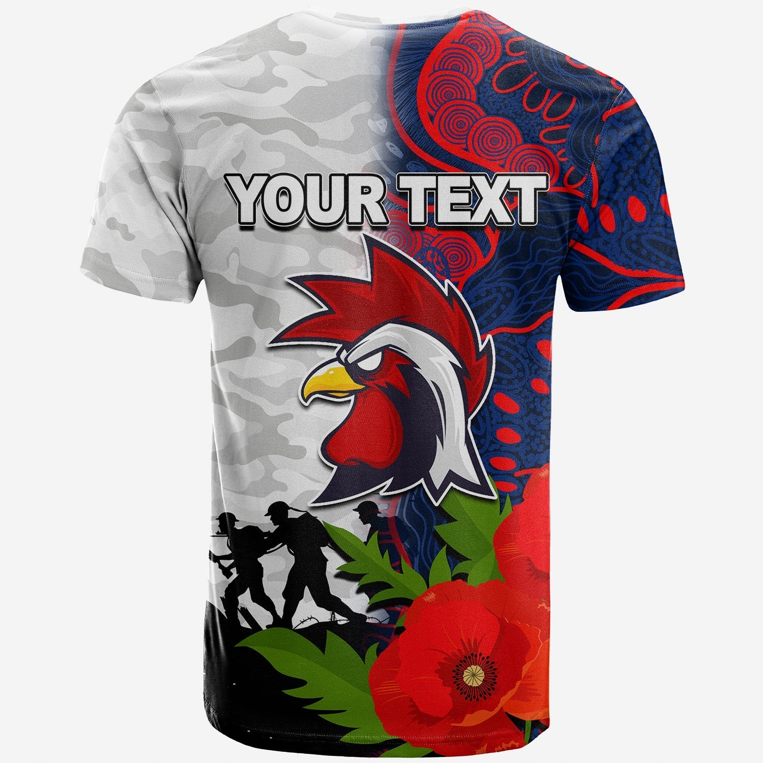 (Custom Personalised) Roosters ANZAC Day Aboriginal Mix Army Patterns T shirt - Vibe Hoodie Shop
