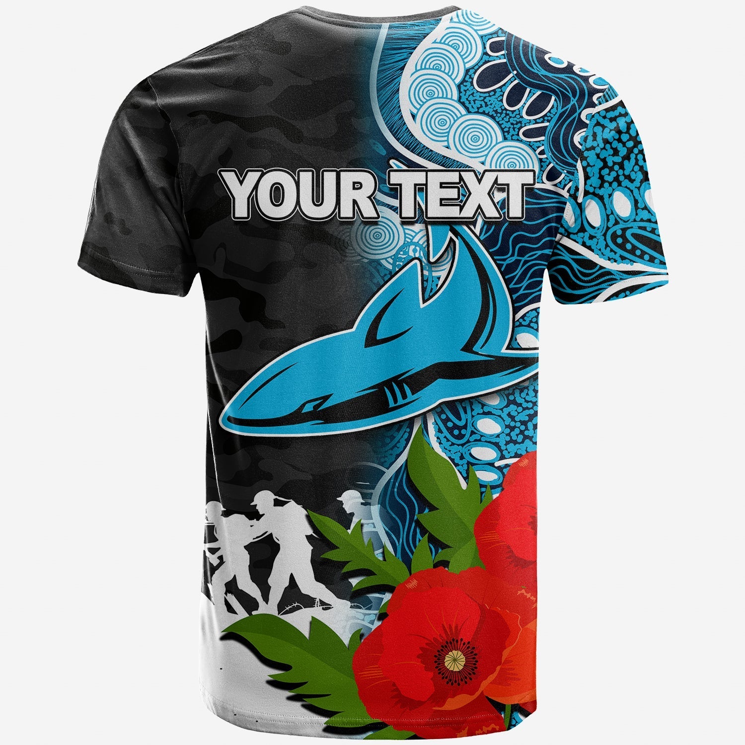 (Custom Personalised) Sharks ANZAC Day Aboriginal Mix Army Patterns T shirt - Vibe Hoodie Shop