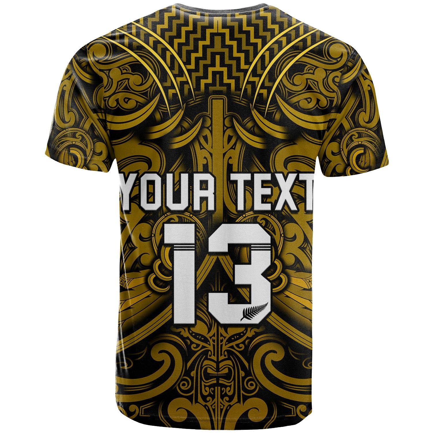 (Custom Text and Number) New Zealand Silver Fern Rugby T Shirt All Black Gold NZ Maori Pattern - Vibe Hoodie Shop