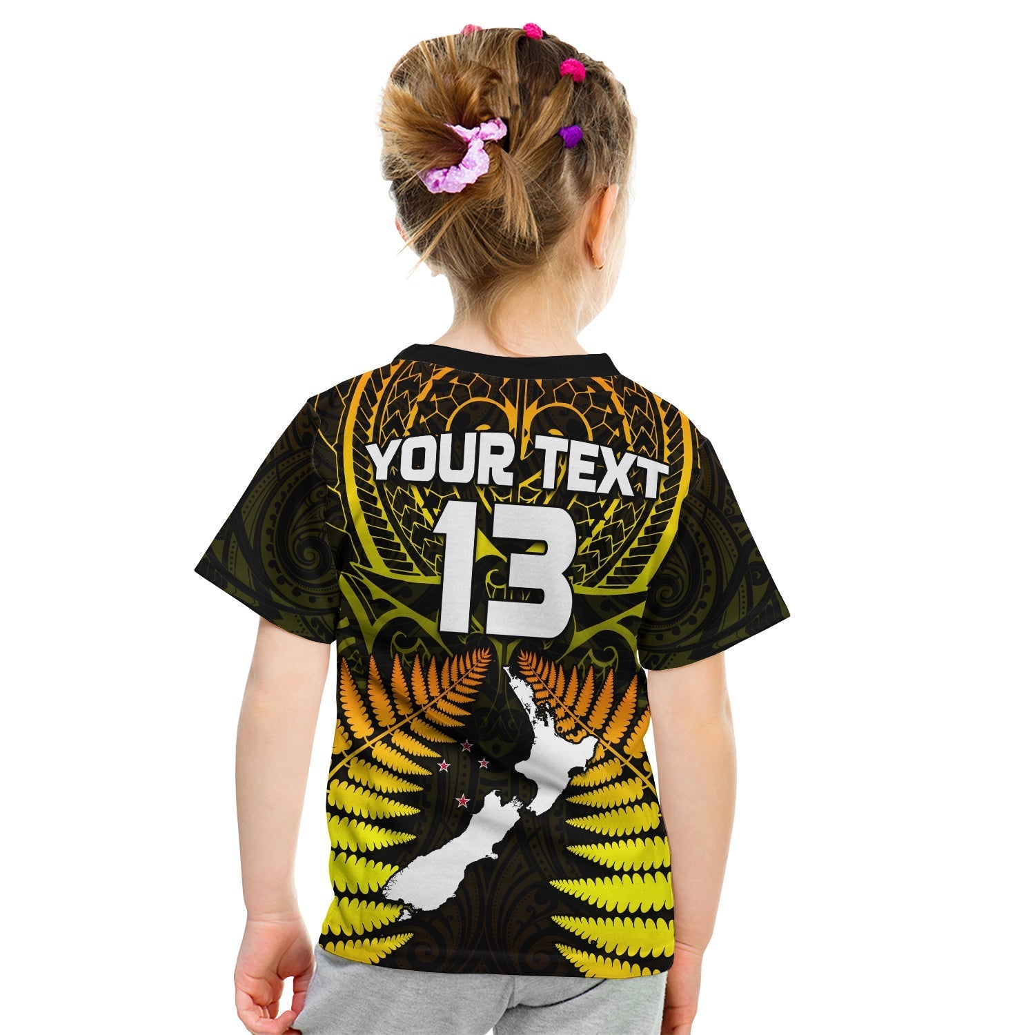 (Custom Text and Number) Aotearoa Fern T shirt KID New Zealand Hei Tiki Gold Style - Vibe Hoodie Shop