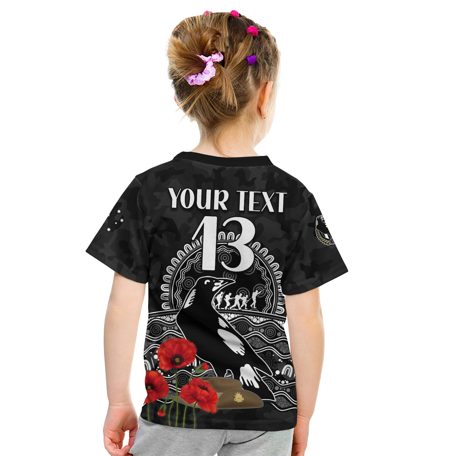 (Custom Text and Number) Magpies Football ANZAC Day T Shirt KID Speical Poppy mix Aboriginal - Vibe Hoodie Shop