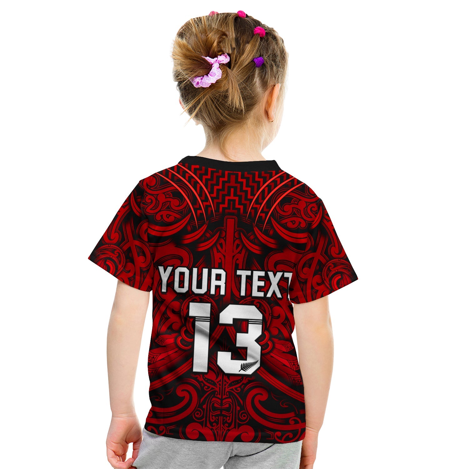 (Custom Text and Number) New Zealand Silver Fern Rugby T Shirt KID All Black Red NZ Maori Pattern - Vibe Hoodie Shop