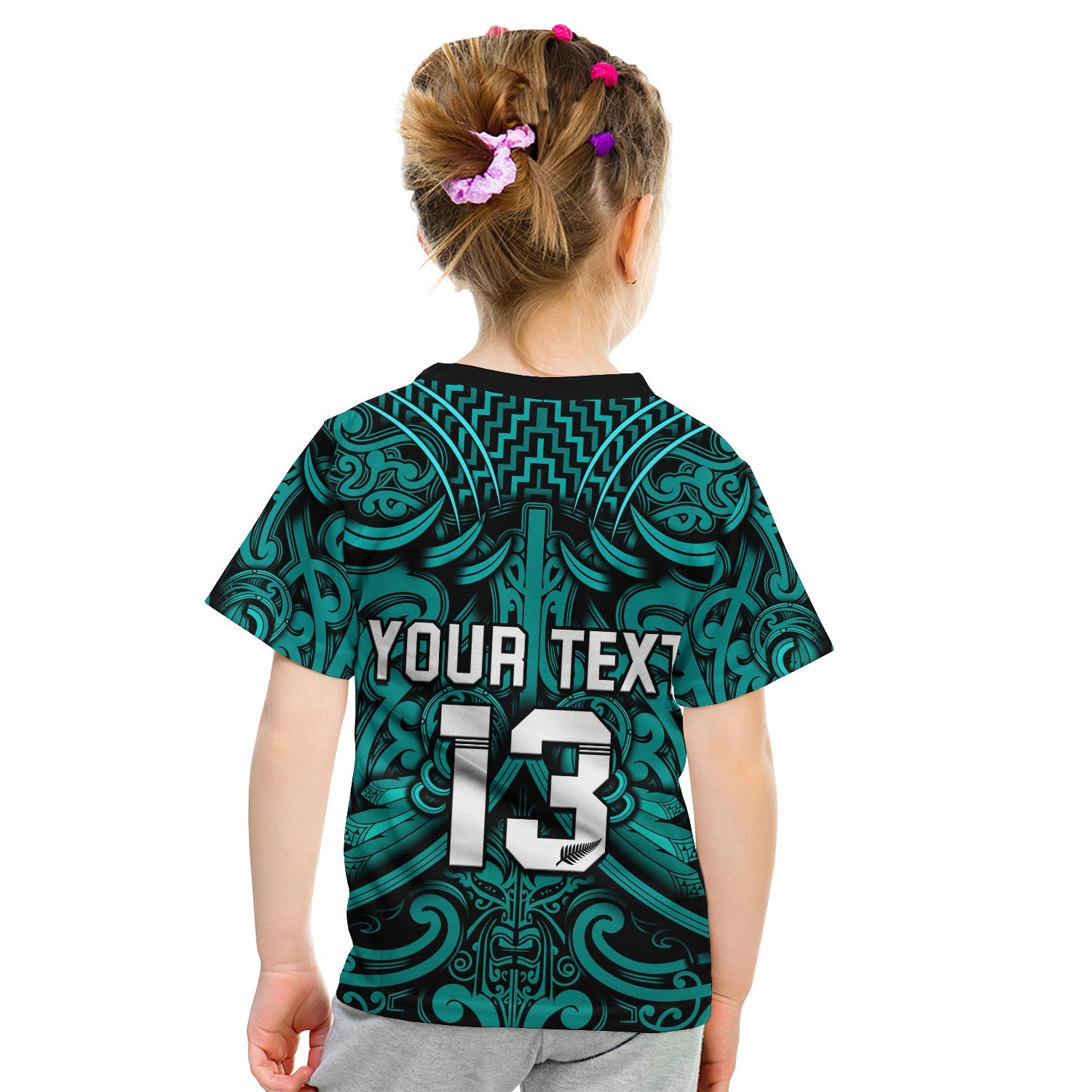 (Custom Text and Number) New Zealand Silver Fern Rugby T Shirt KID All Black Turquoise NZ Maori Pattern - Vibe Hoodie Shop