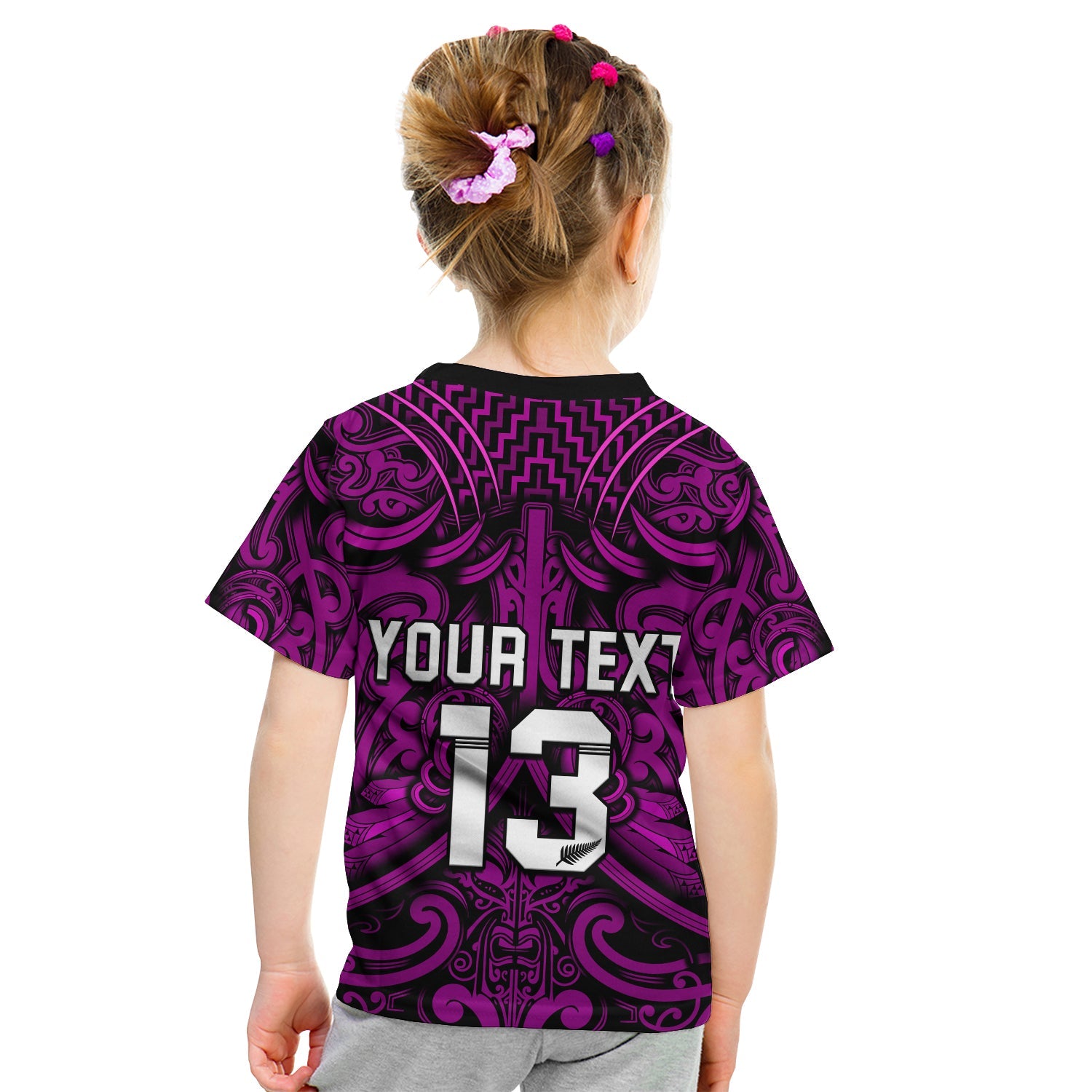 (Custom Text and Number) New Zealand Silver Fern Rugby T Shirt KID All Black Purple NZ Maori Pattern - Vibe Hoodie Shop