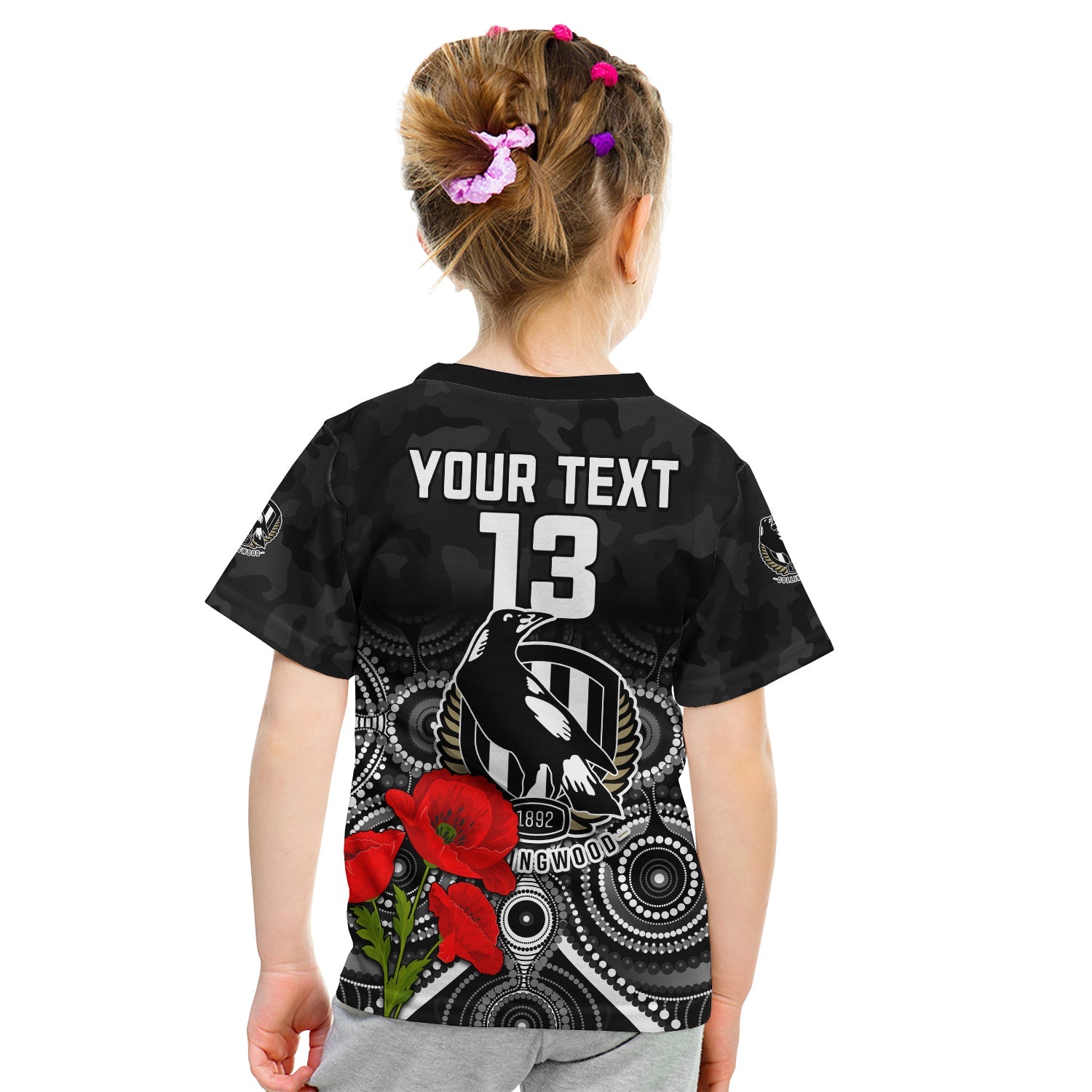 (Custom Text and Number) Magpies Football ANZAC Day T Shirt KID Aboriginal Poppy Flowers - Vibe Hoodie Shop