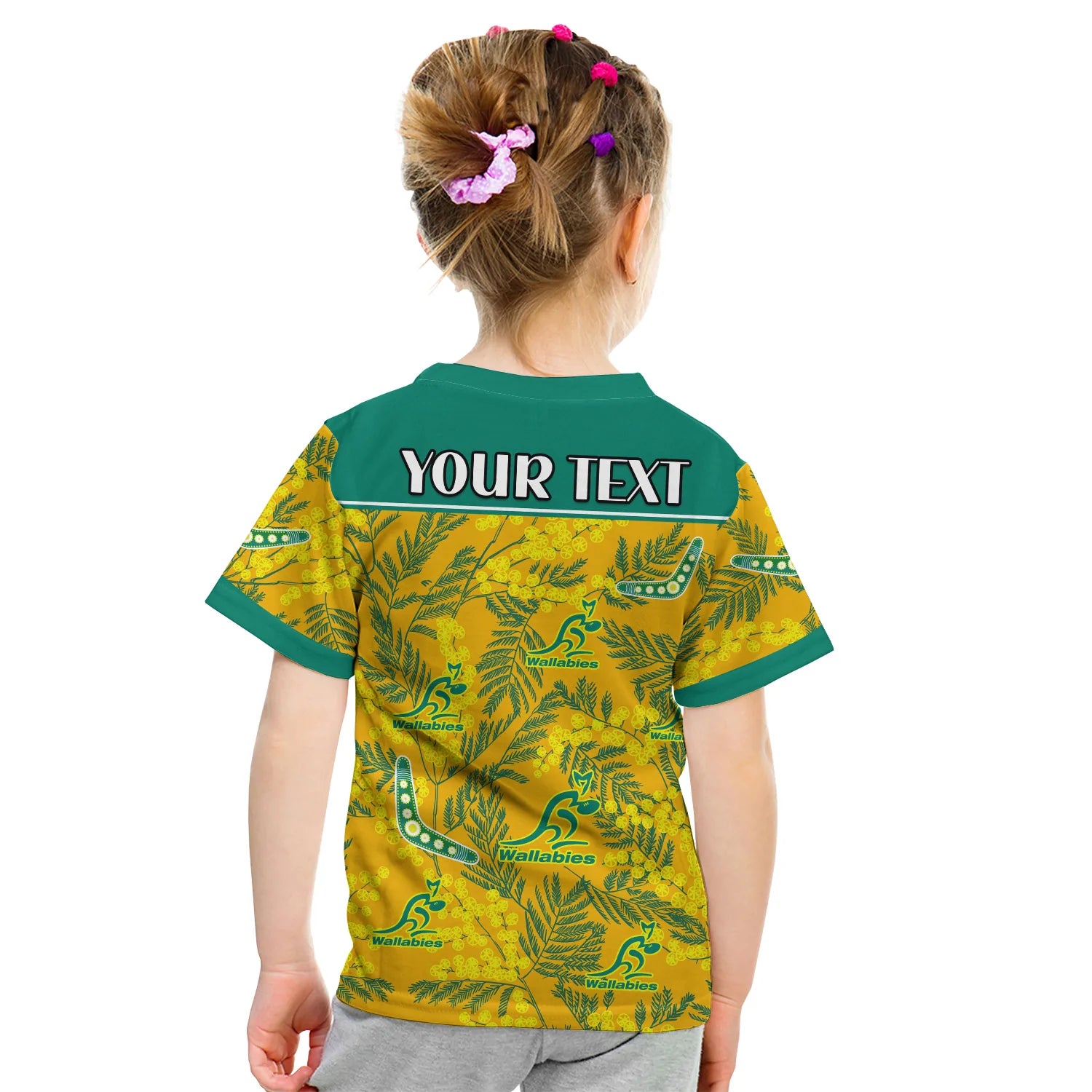 (Custom Personalised) Wallabies Rugby T Shirt KID Golden Wattle Aboriginal Boomerang Style Hawaii - Vibe Hoodie Shop