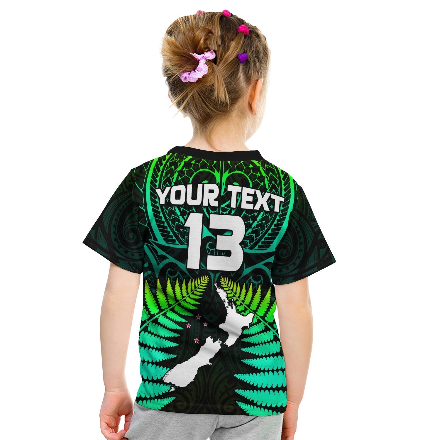 (Custom Text and Number) Aotearoa Fern T shirt KID New Zealand Hei Tiki Green Style - Vibe Hoodie Shop