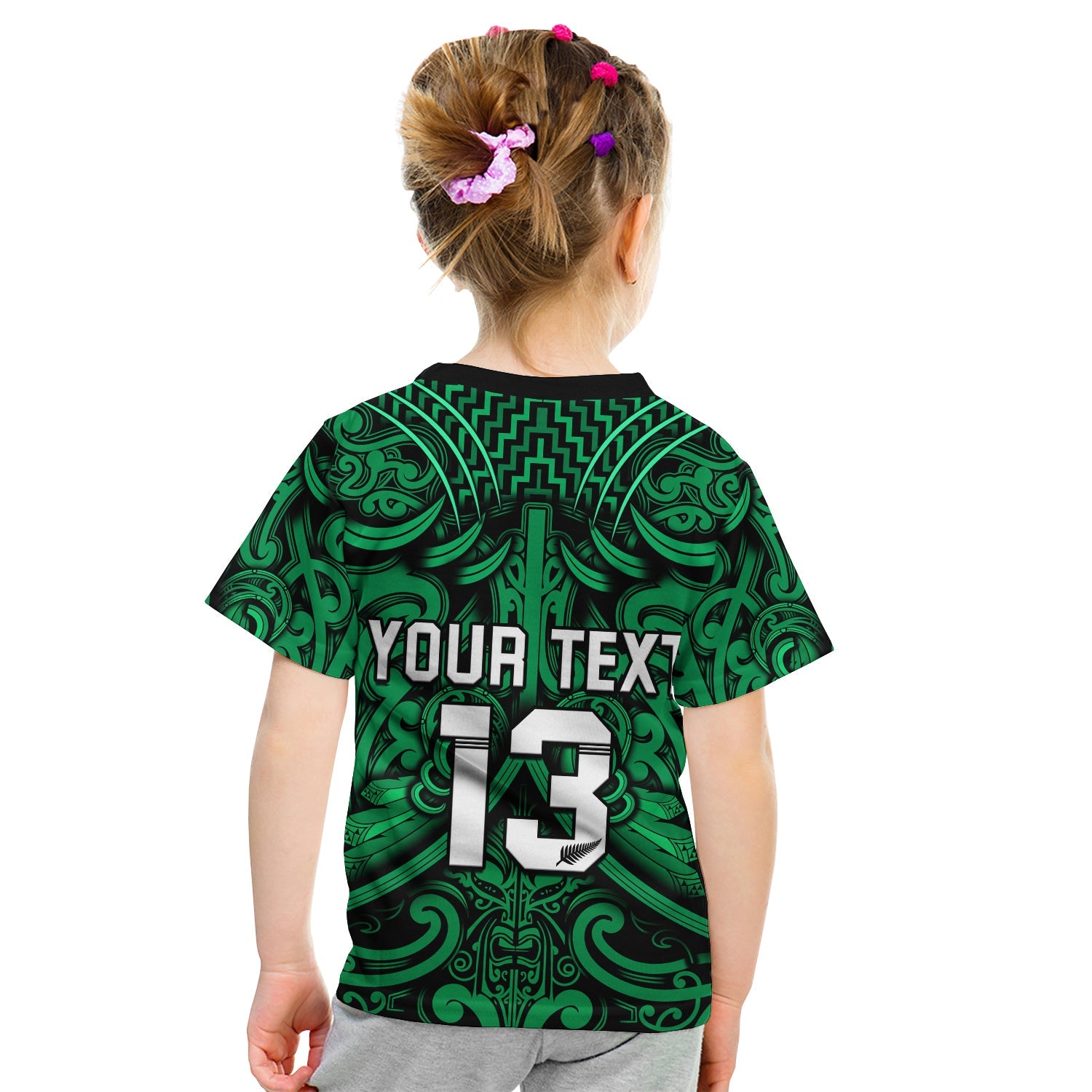 (Custom Text and Number) New Zealand Silver Fern Rugby T Shirt KID All Black Green NZ Maori Pattern - Vibe Hoodie Shop