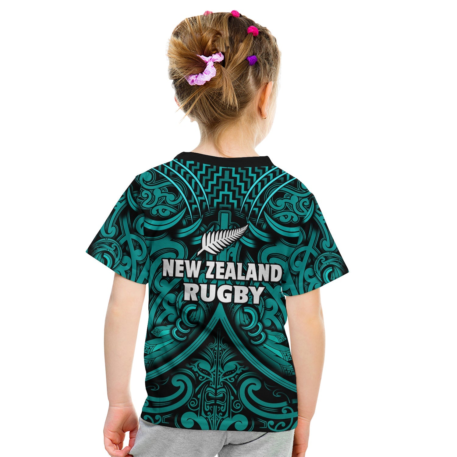 New Zealand Silver Fern Rugby T Shirt KID All Black Turquoise NZ Maori Pattern - Vibe Hoodie Shop