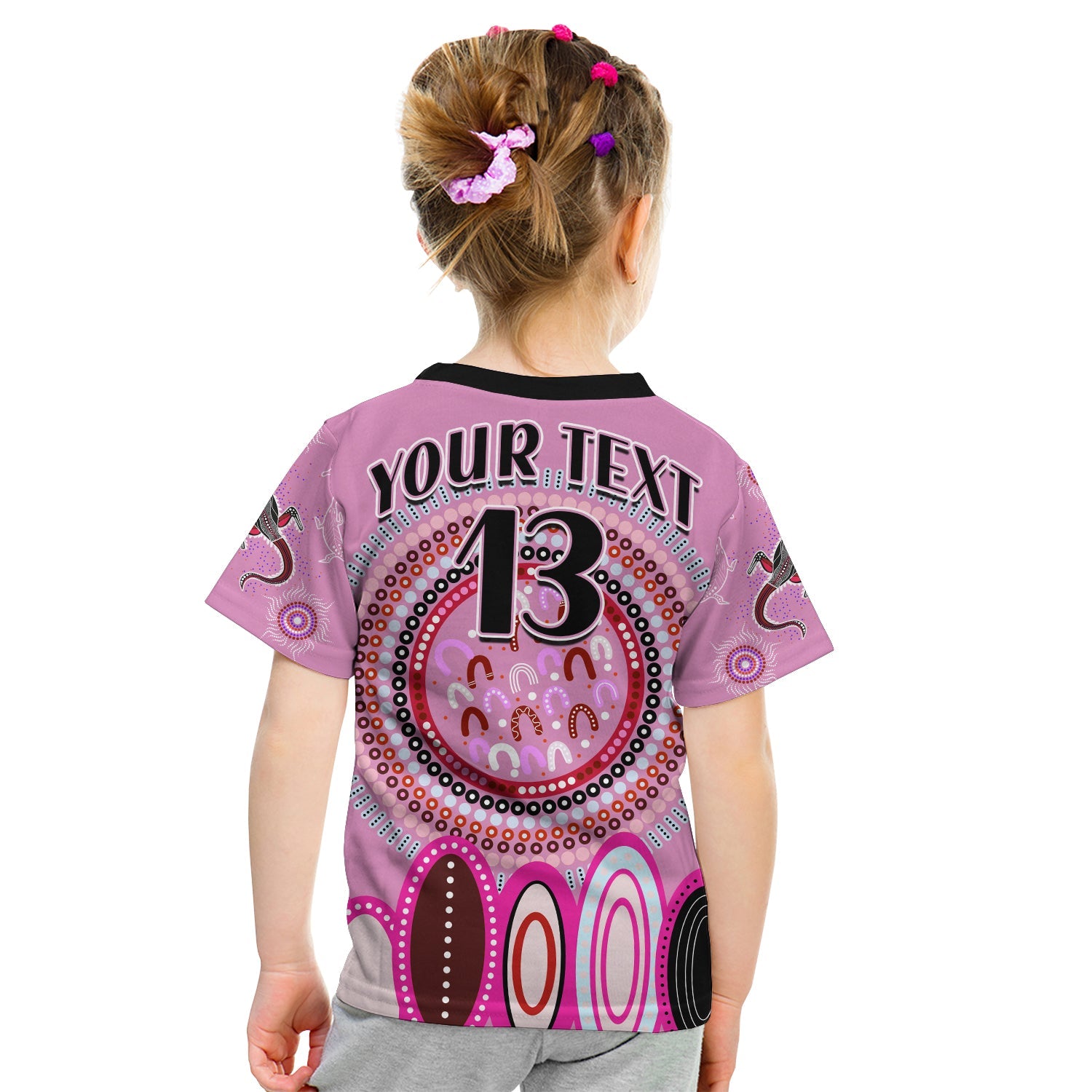 (Custom Text and Number) Aboriginal Stand Up T Shirt KID Circle Dot with Lizard Version Pink - Vibe Hoodie Shop