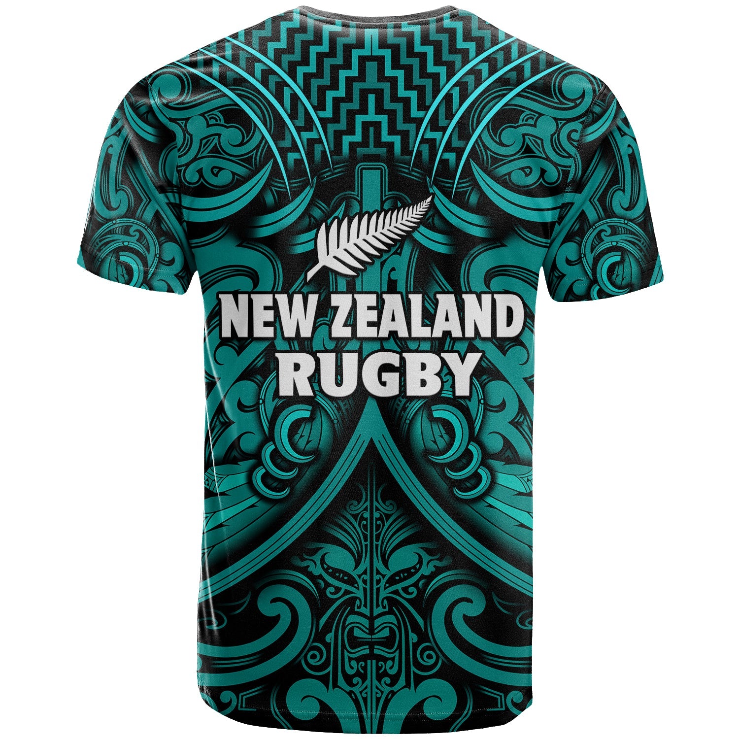 New Zealand Silver Fern Rugby T Shirt All Black Turquoise NZ Maori Pattern - Vibe Hoodie Shop