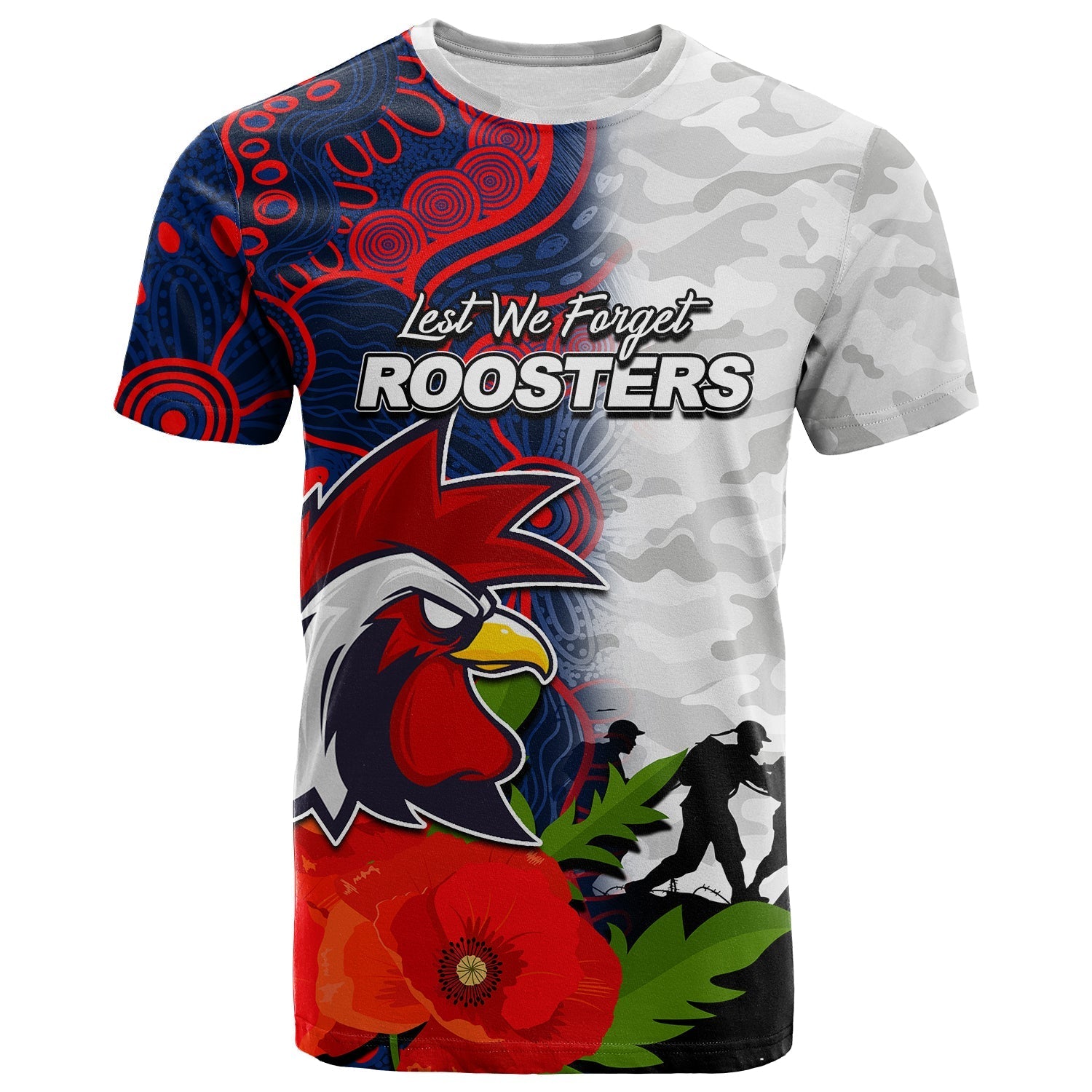 (Custom Personalised) Roosters ANZAC Day Aboriginal Mix Army Patterns T shirt - Vibe Hoodie Shop