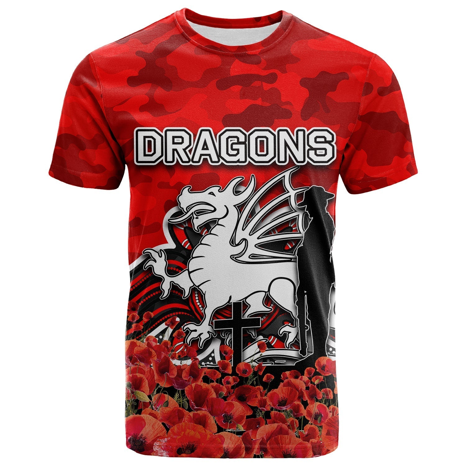 St. George Dragons T shirt ANZAC Day Poppy Flowers With Army Patterns - Vibe Hoodie Shop