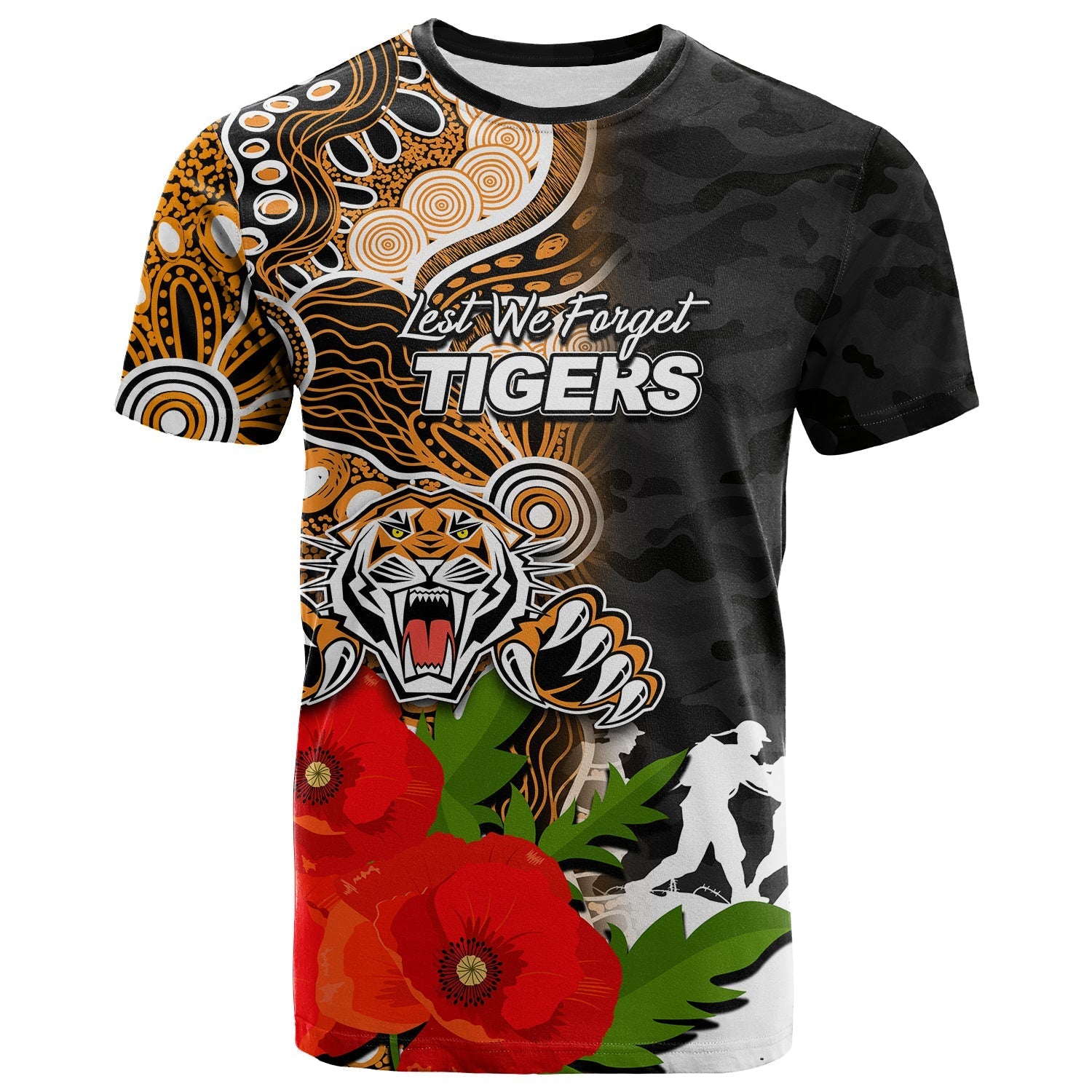 (Custom Personalised) Tigers ANZAC Day Aboriginal Mix Army Patterns T shirt - Vibe Hoodie Shop