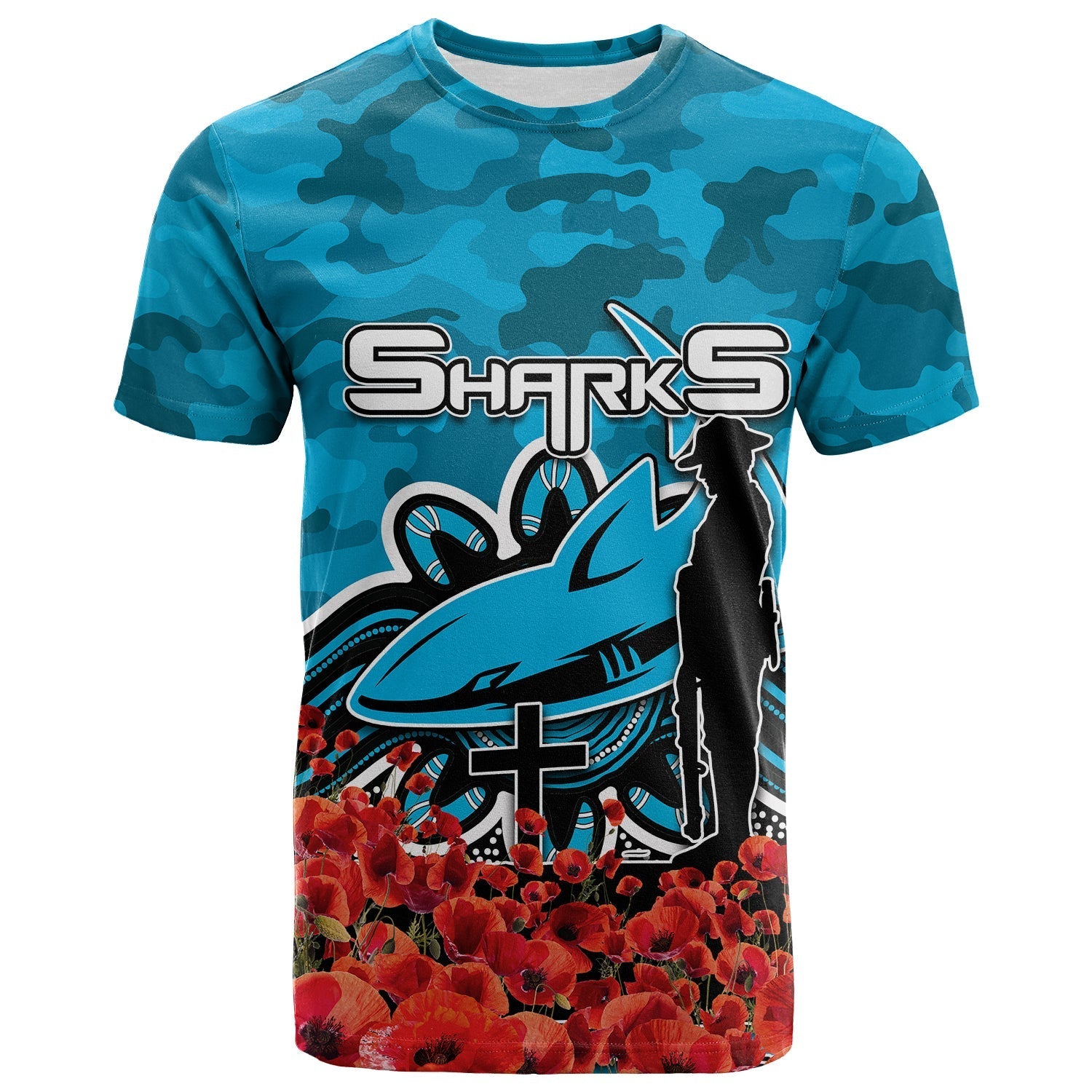 Cronulla - Sutherland Sharks T shirt ANZAC Day Poppy Flowers With Army Patterns - Vibe Hoodie Shop