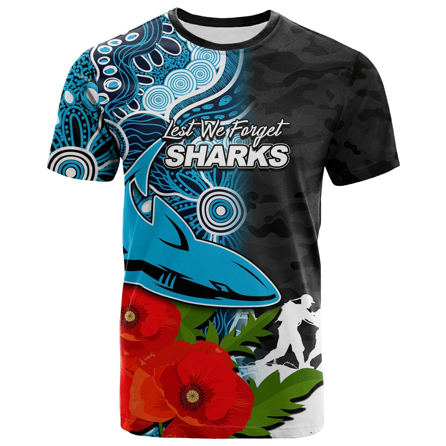 (Custom Personalised) Sharks ANZAC Day Aboriginal Mix Army Patterns T shirt - Vibe Hoodie Shop