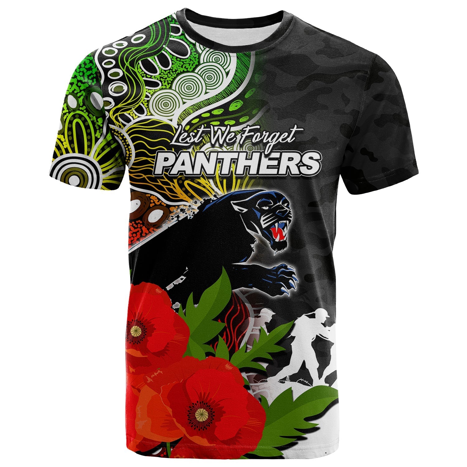 (Custom Personalised) Panthers ANZAC Day Aboriginal Mix Army Patterns T shirt - Vibe Hoodie Shop
