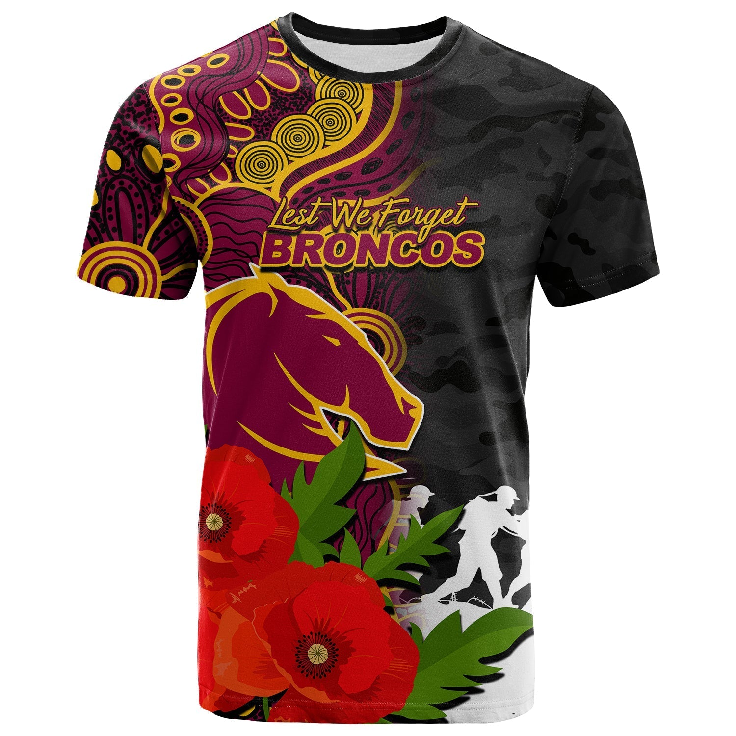 (Custom Personalised) Broncos ANZAC Day Aboriginal Mix Army Patterns T shirt - Vibe Hoodie Shop