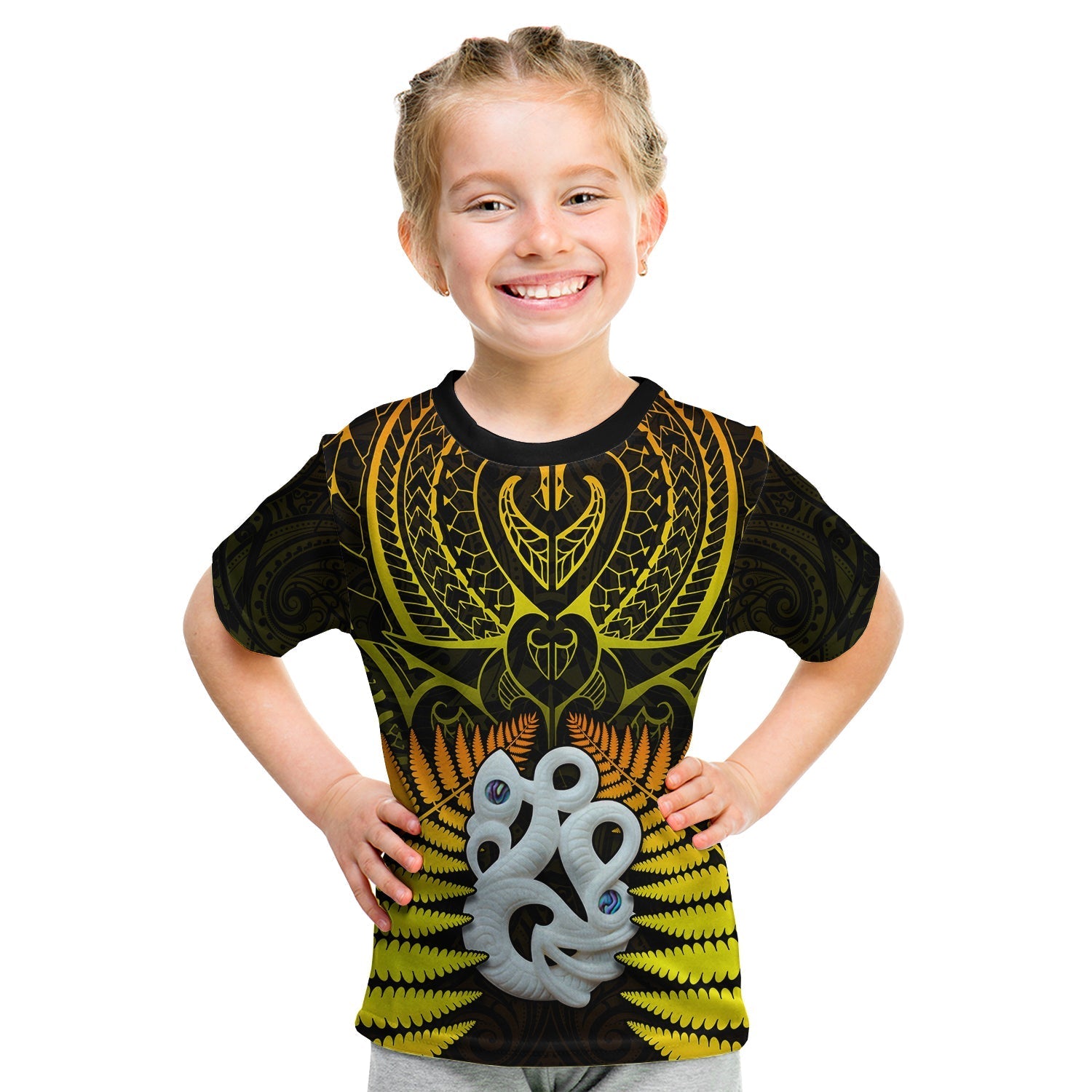 (Custom Text and Number) Aotearoa Fern T shirt KID New Zealand Hei Tiki Gold Style - Vibe Hoodie Shop