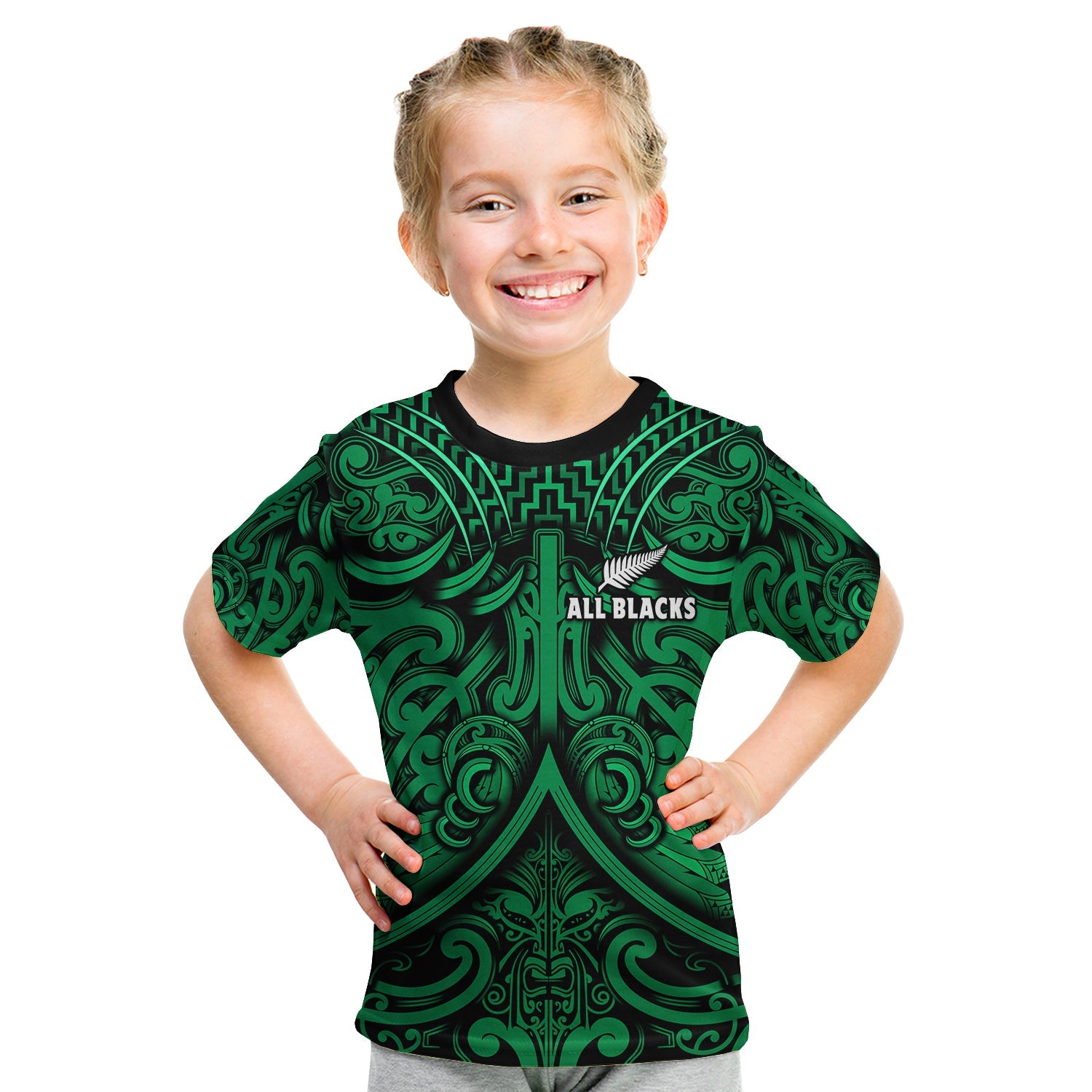 (Custom Text and Number) New Zealand Silver Fern Rugby T Shirt KID All Black Green NZ Maori Pattern - Vibe Hoodie Shop