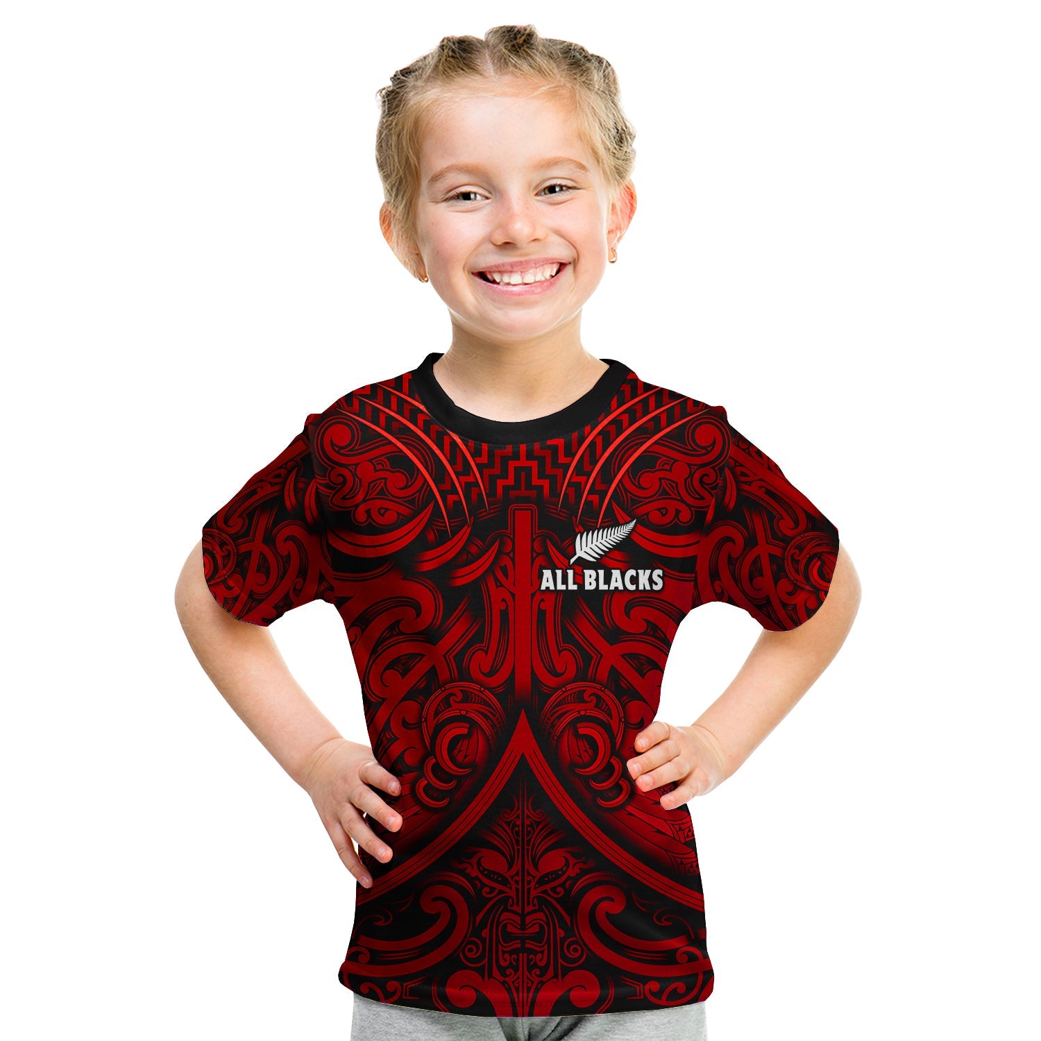New Zealand Silver Fern Rugby T Shirt KID All Black Red NZ Maori Pattern - Vibe Hoodie Shop