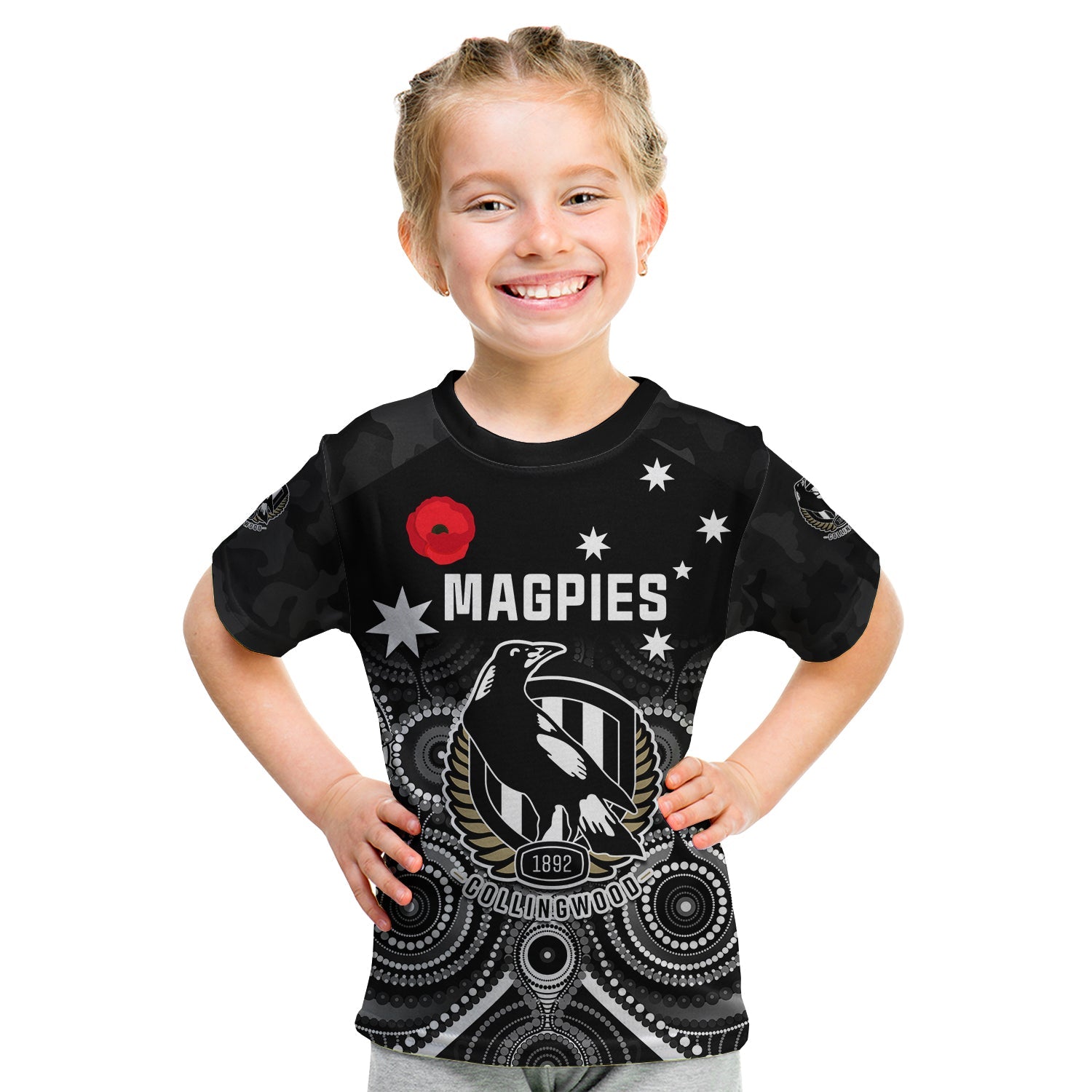 (Custom Text and Number) Magpies Football ANZAC Day T Shirt KID Aboriginal Poppy Flowers - Vibe Hoodie Shop