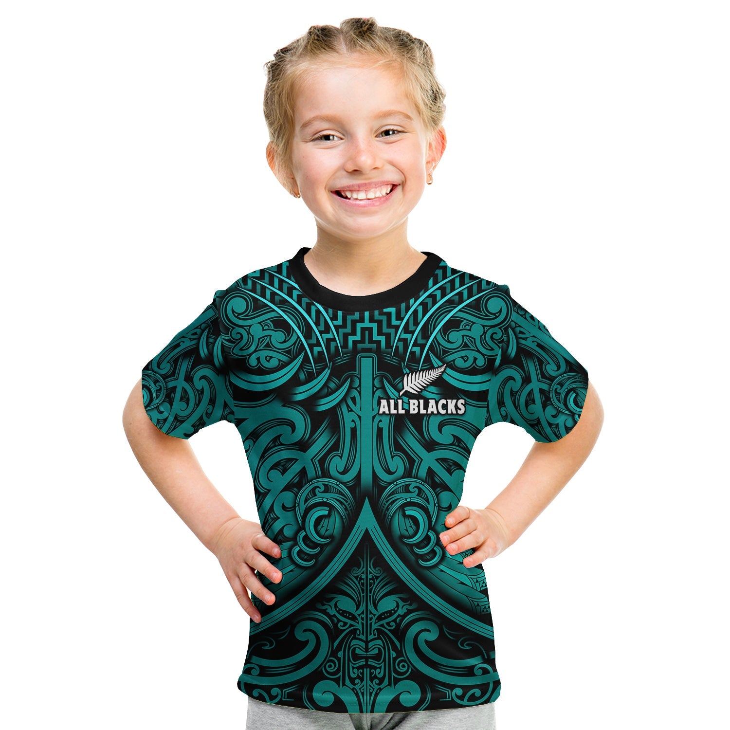 (Custom Text and Number) New Zealand Silver Fern Rugby T Shirt KID All Black Turquoise NZ Maori Pattern - Vibe Hoodie Shop