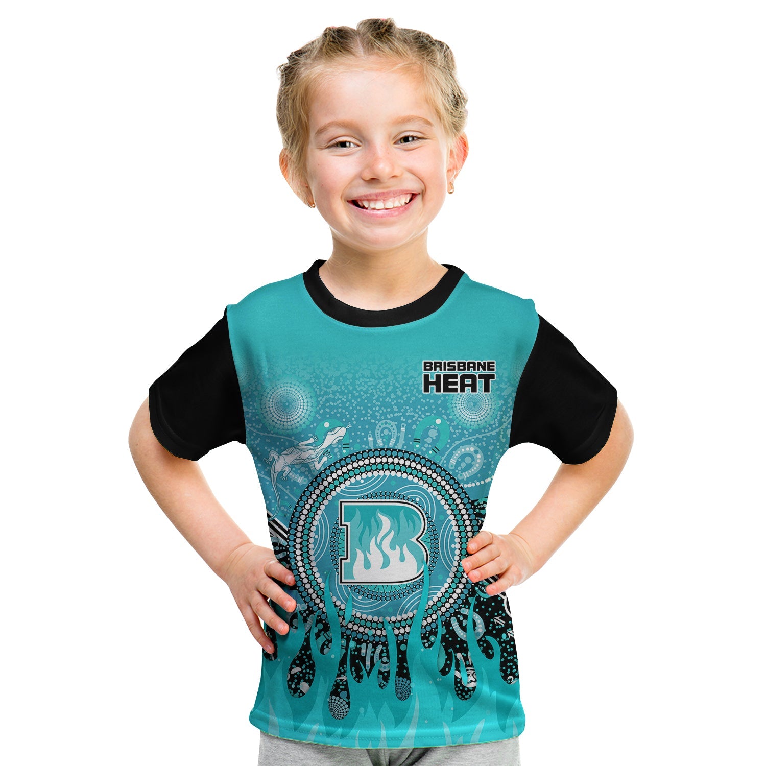 (Custom Text and Number) Brisbane Heat T Shirt KID Aboriginal Dot Fire Australia Cricket - Vibe Hoodie Shop