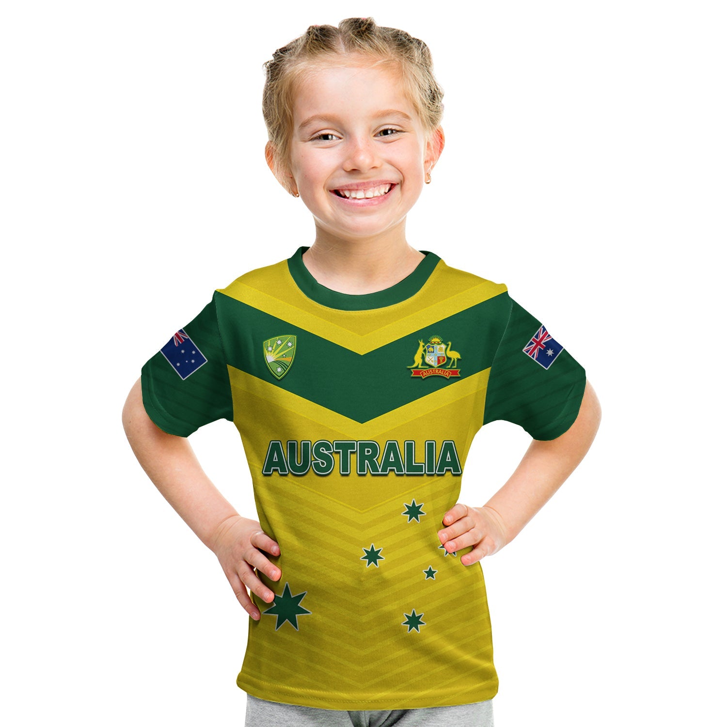 (Custom Text and Number) Australia Cricket T Shirt KID Go Aussie Champions - Vibe Hoodie Shop