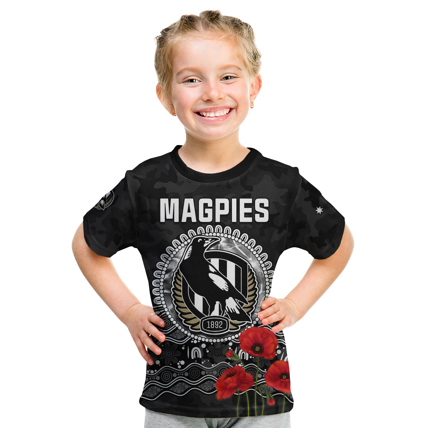 (Custom Text and Number) Magpies Football ANZAC Day T Shirt KID Speical Poppy mix Aboriginal - Vibe Hoodie Shop