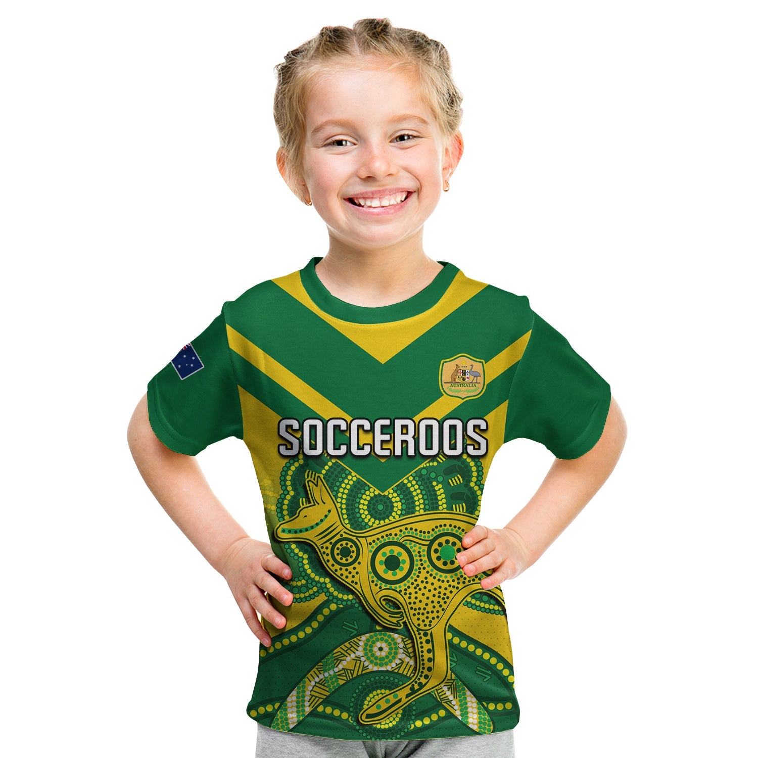 (Custom Text and Number) Australia Soccer T Shirt KID Champions Aboriginal Kangaroos World Cup Football Socceroos - Vibe Hoodie Shop