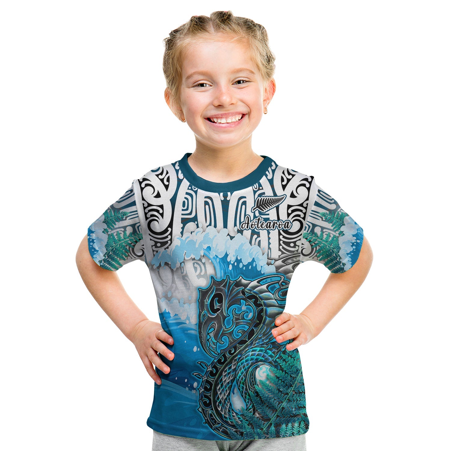 (Custom Personalised) Manaia Maori T Shirt KID Fern Aotearoa Blue Waves - Vibe Hoodie Shop