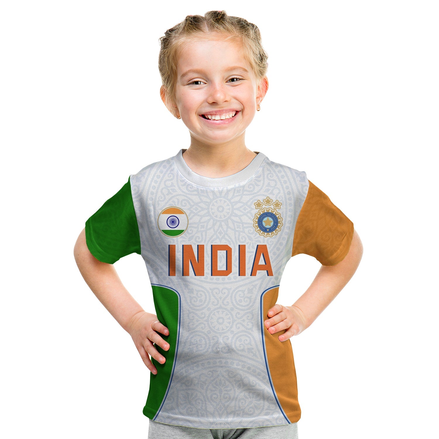 (Custom Text and Number) India Cricket T Shirt KID Champions Indian Sun Pattern Style Flag - Vibe Hoodie Shop