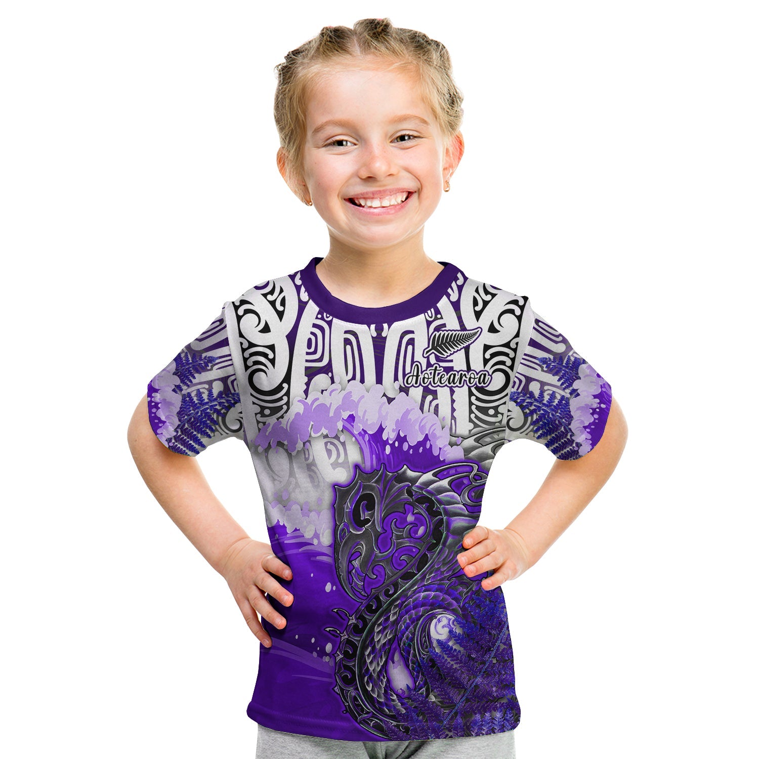 (Custom Personalised) Manaia Maori T Shirt KID Fern Aotearoa Purple Waves - Vibe Hoodie Shop