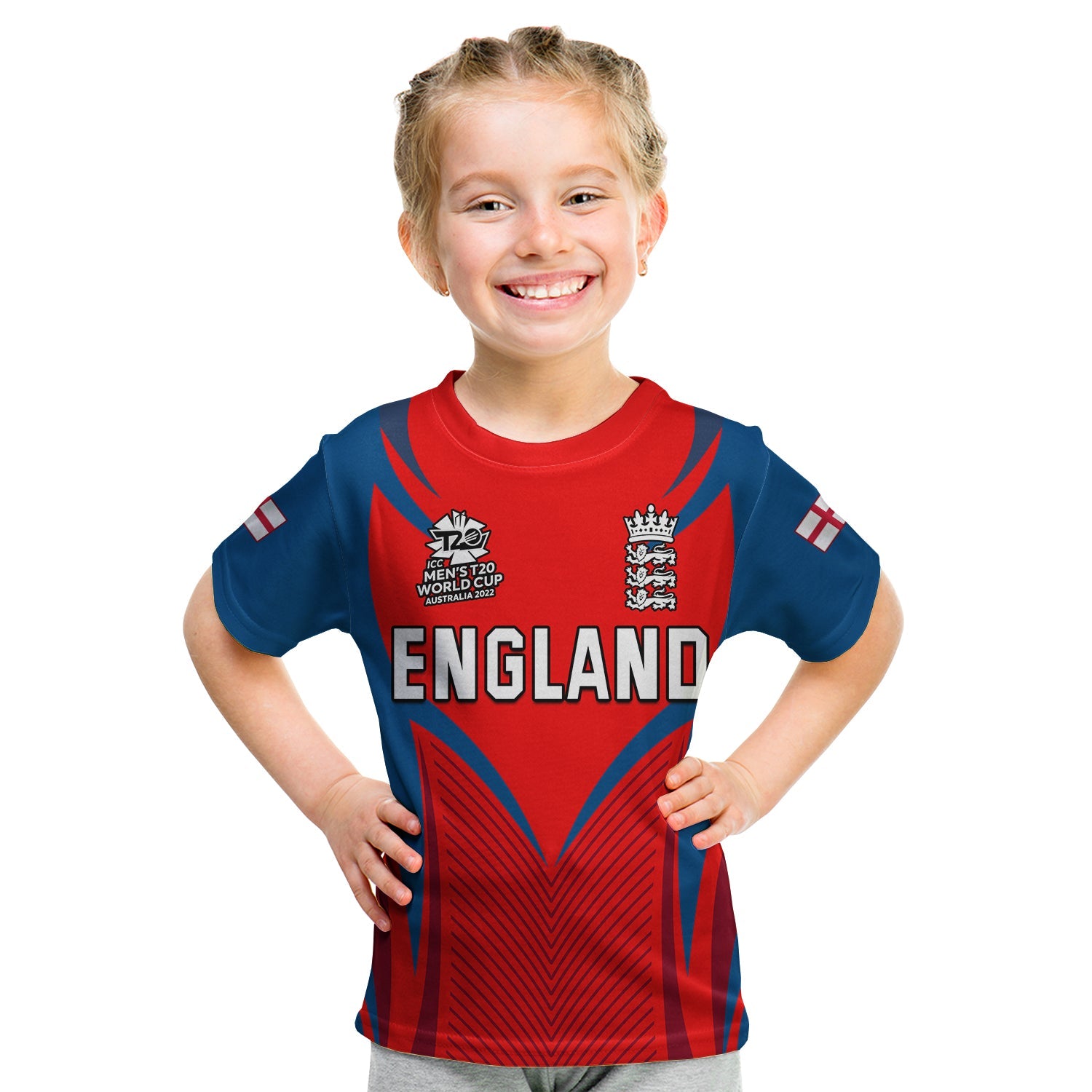 (Custom Text and Number) England Cricket T Shirt KID T20 World Cup Three Red Lions - Vibe Hoodie Shop