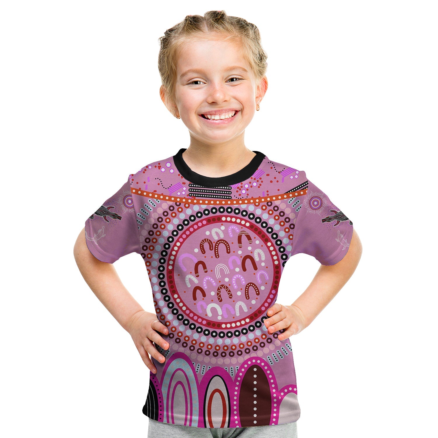 (Custom Text and Number) Aboriginal Stand Up T Shirt KID Circle Dot with Lizard Version Pink - Vibe Hoodie Shop