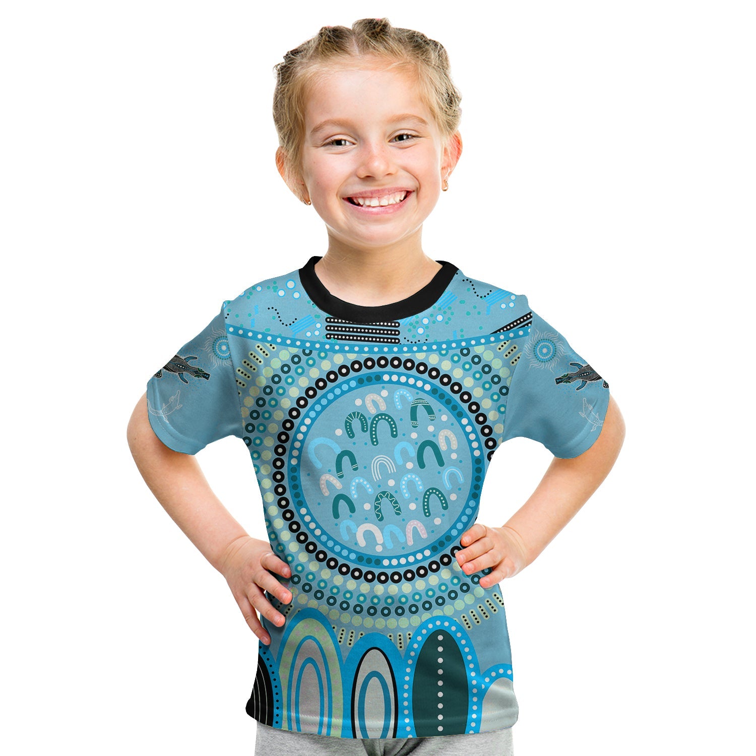 (Custom Text and Number) Aboriginal Stand Up T Shirt KID Circle Dot with Lizard Version Blue - Vibe Hoodie Shop