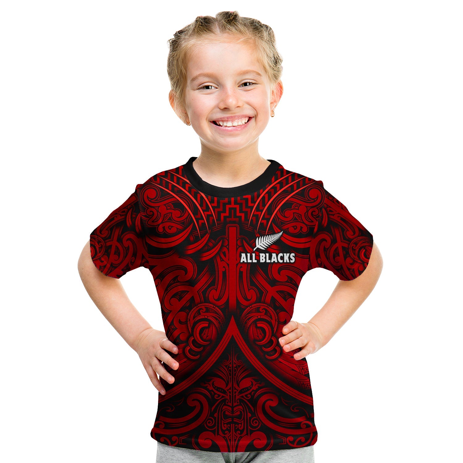 (Custom Text and Number) New Zealand Silver Fern Rugby T Shirt KID All Black Red NZ Maori Pattern - Vibe Hoodie Shop