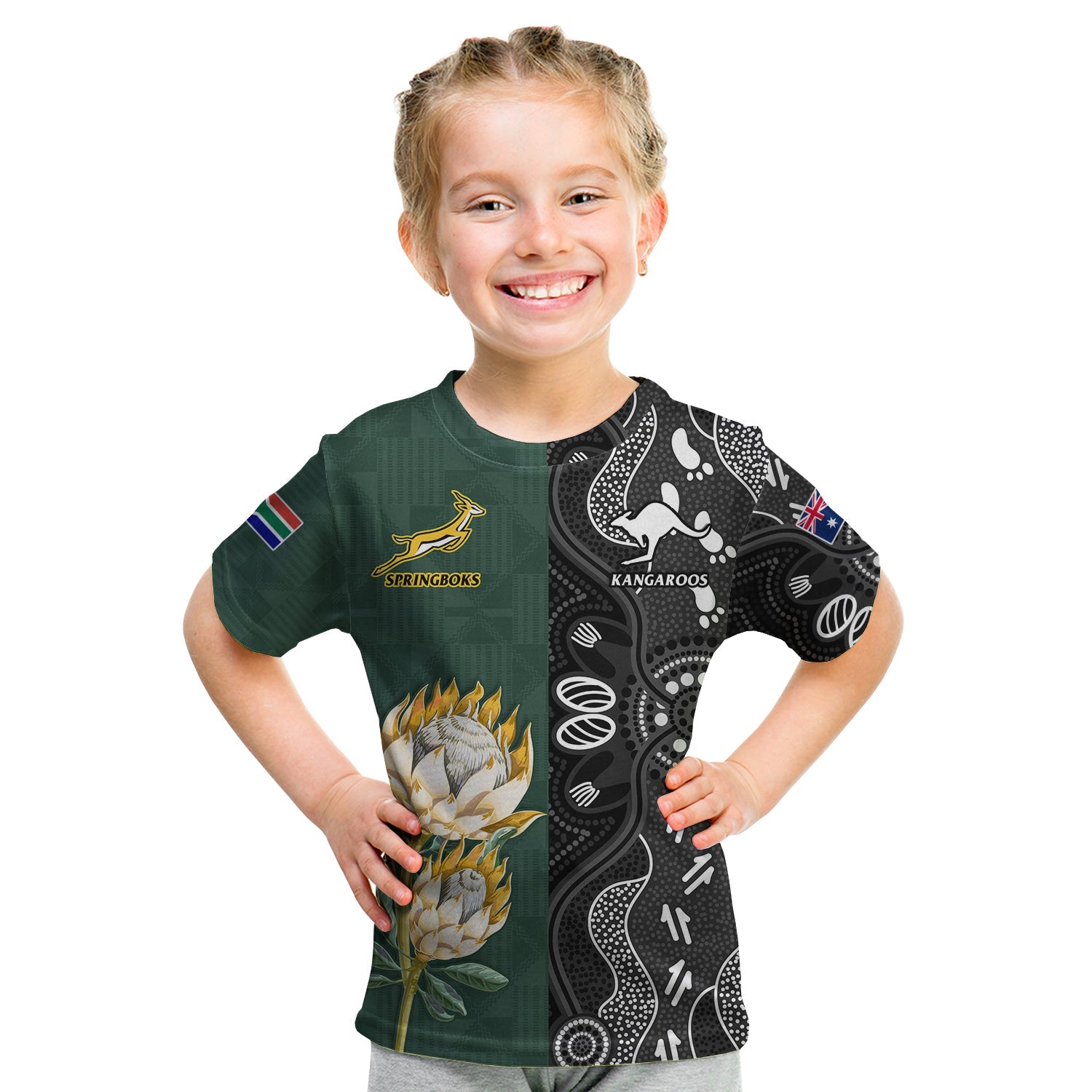 (Custom Text and Number) South Africa and Australia Rugby T Shirt KID Go Springboks vs Kangaroos - Vibe Hoodie Shop