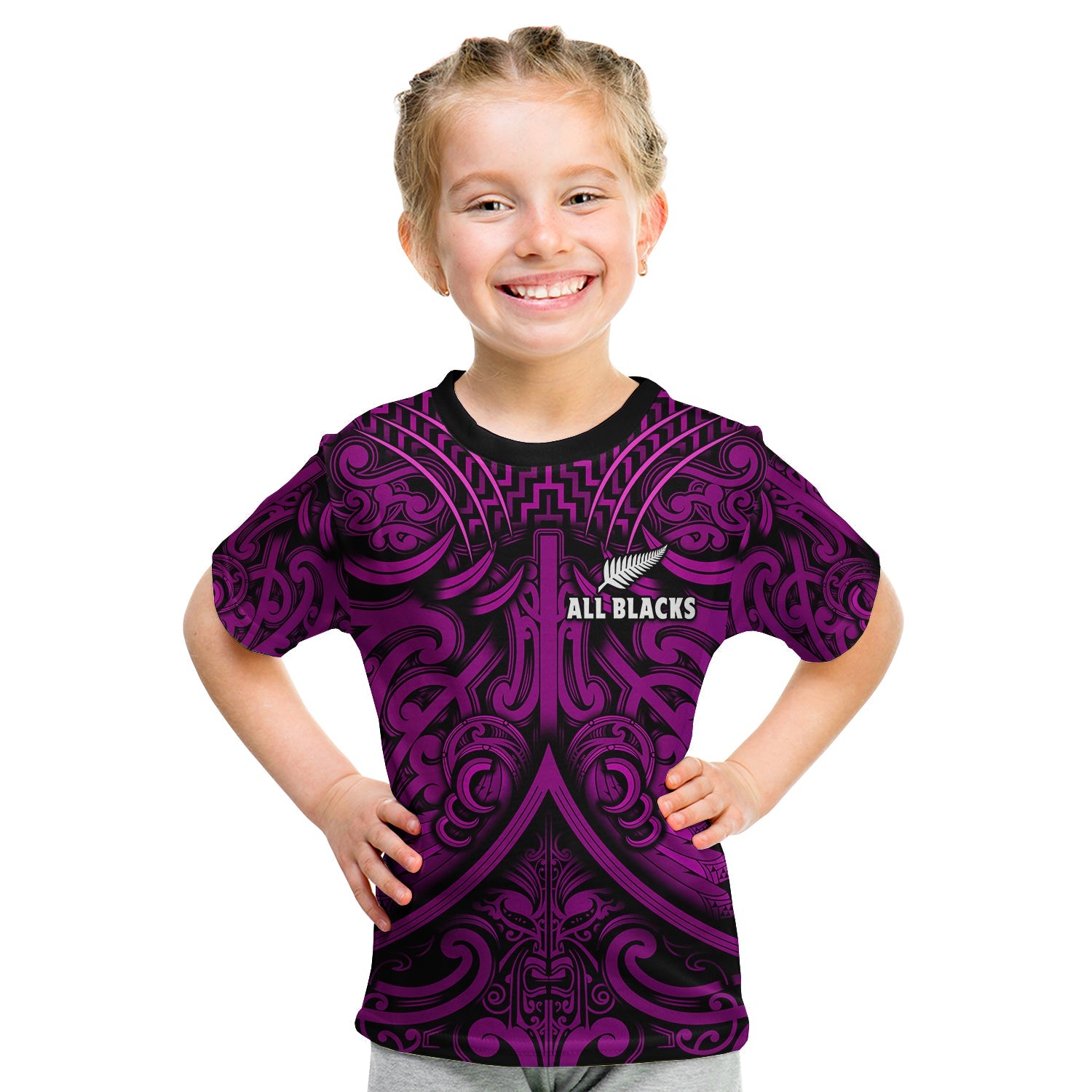 (Custom Text and Number) New Zealand Silver Fern Rugby T Shirt KID All Black Purple NZ Maori Pattern - Vibe Hoodie Shop