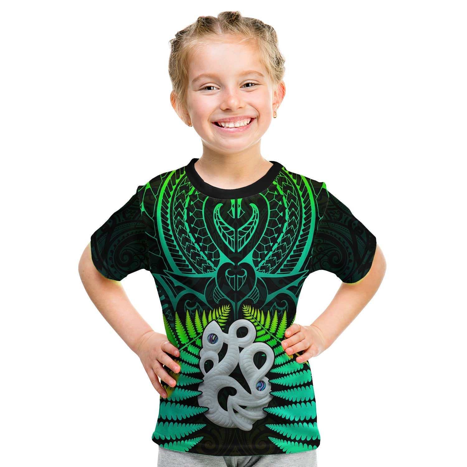 (Custom Text and Number) Aotearoa Fern T shirt KID New Zealand Hei Tiki Green Style - Vibe Hoodie Shop