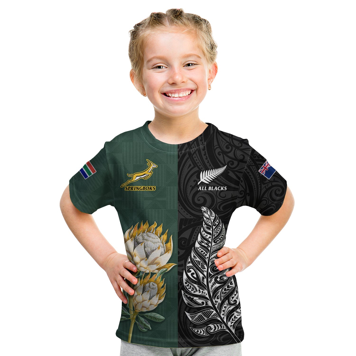 (Custom Text and Number) South Africa Protea and New Zealand Fern T Shirt KID Rugby Go Springboks vs All Black - Vibe Hoodie Shop